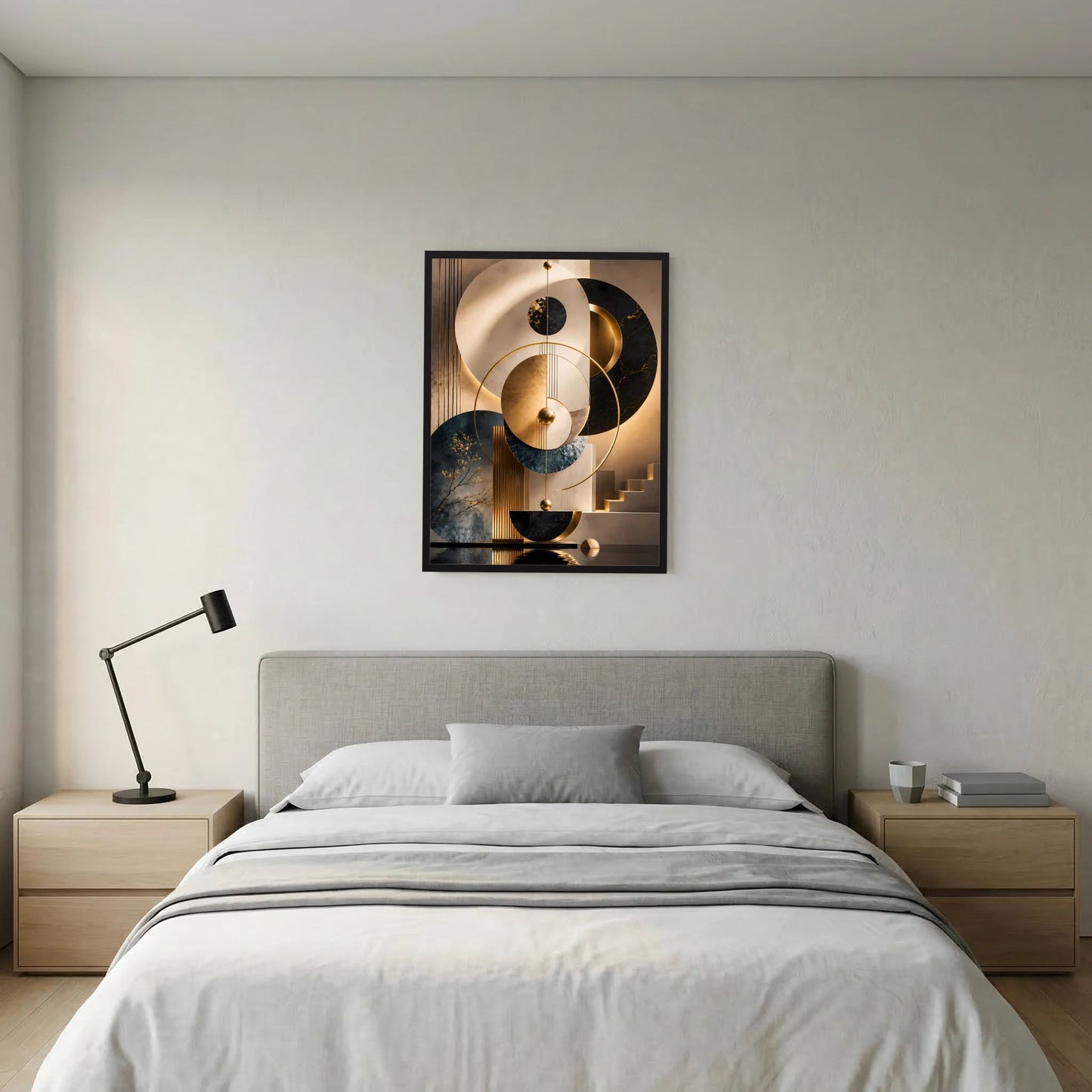 Gerahmtes Hochformat-Poster an der Wand mit goldenen Kreisformen in Schwarz, Beige und Petrol