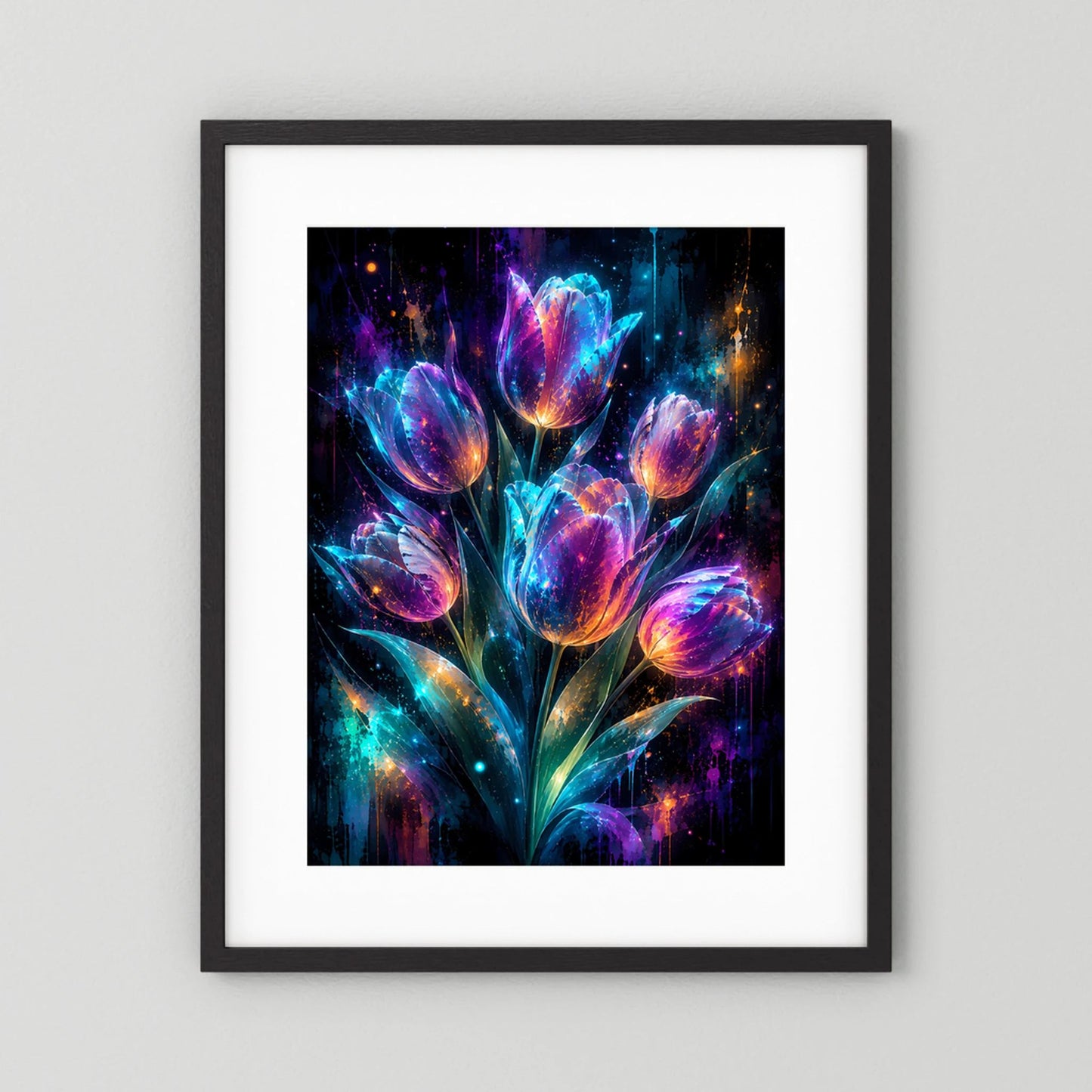 Leuchtende Tulpen in Neonfarben | Magische Blumen Kunst | Poster Hochformat