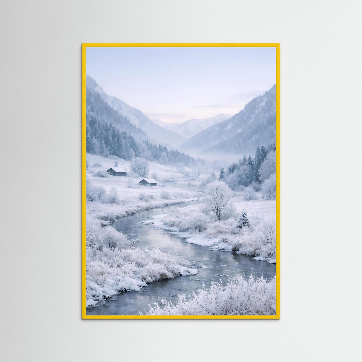 Wandposter Winterlandschaft mit Fluss, verschneiten Bäumen, Häusern und gelbem Rahmen