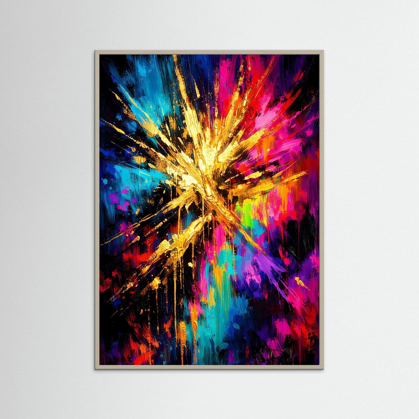 Abstraktes Sternenposter mit grauem Holzrahmen, goldener Strahlenknall in Neonfarben