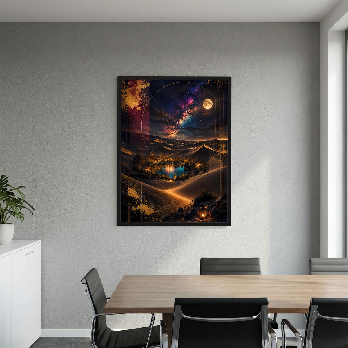 Hochformatiges Poster mit dunkler Wüstenlandschaft, Vollmond und goldenen Lichtkanten