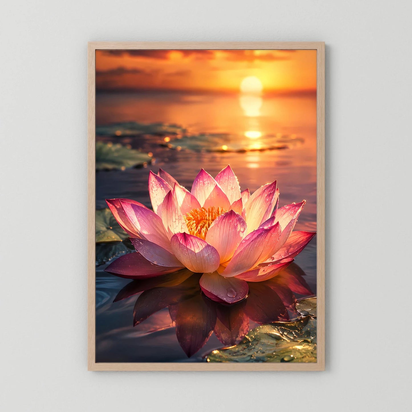 Poster im Hochformat mit rosa Lotusblüte im Sonnenuntergang, goldbrauner Holzrahmen