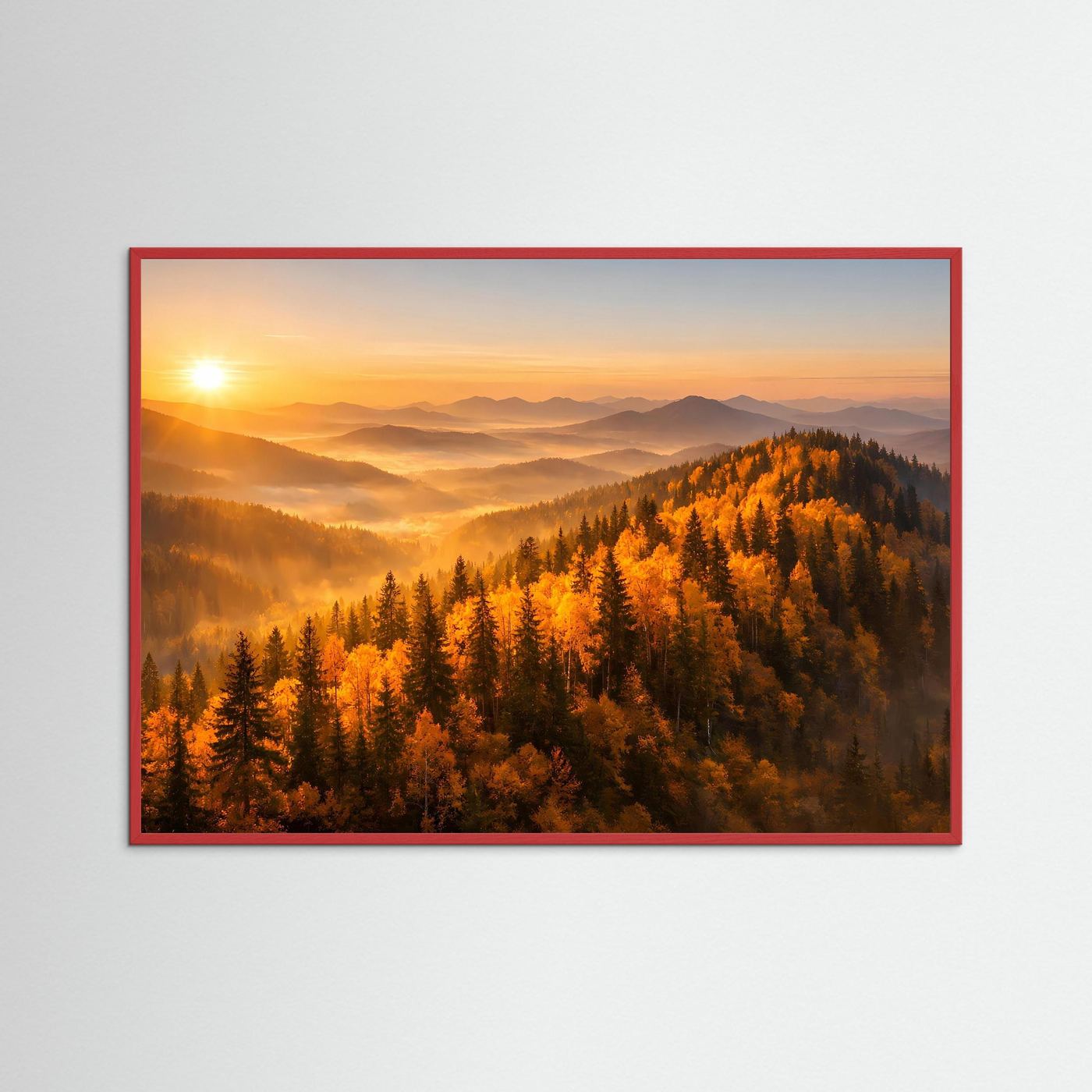 Wandbild mit rotem Rahmen, Herbstwald und Berge bei Sonnenaufgang.