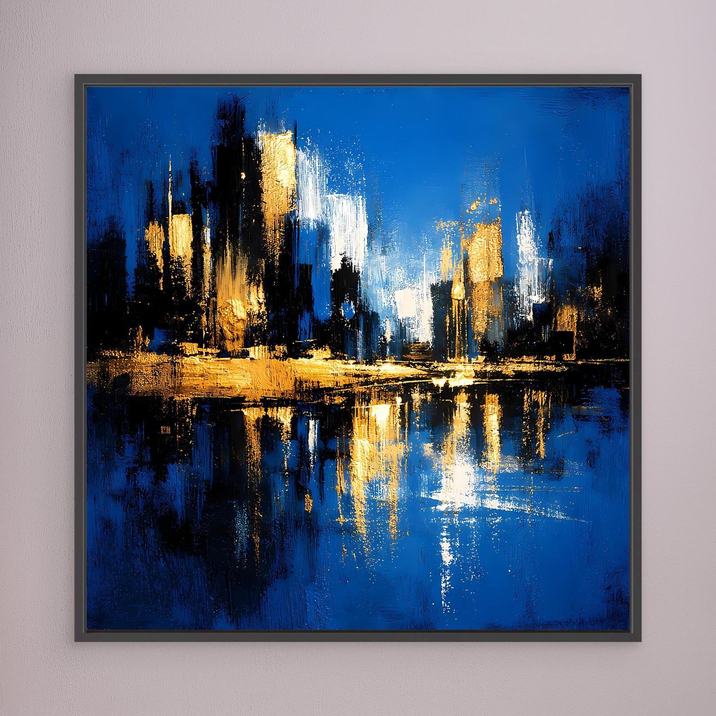 Leinwand Abstrakte Skyline in Blau und Gold | Modernes Großstadt Wandbild mit Spiegelung