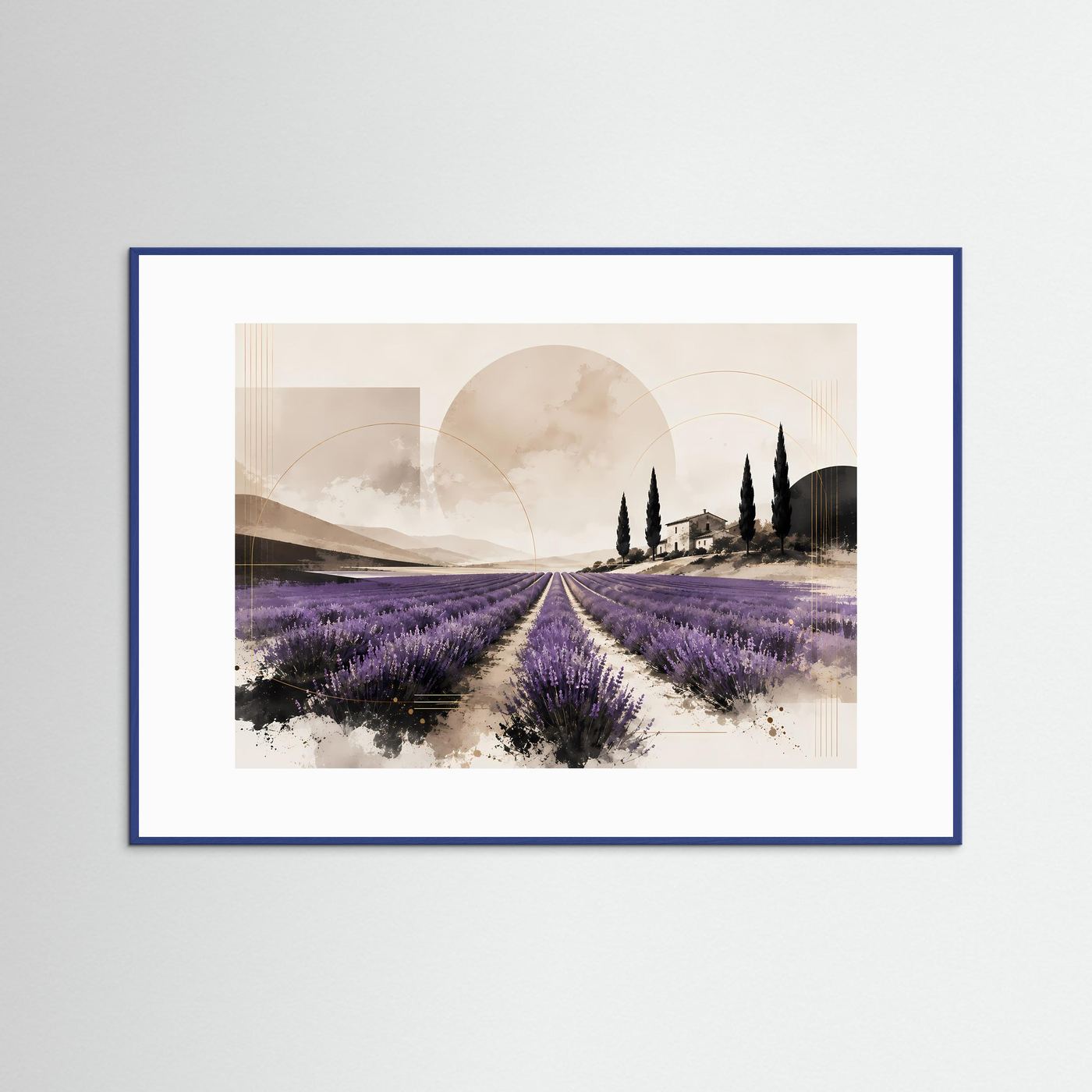Lavendelfeld in der Provence mit Zypressen & Landhaus | Abstrakte mediterrane Landschaft in Lila, Creme, Beige, Schwarz & Gold | Elegantes Lavendel Wandbild im Querformat