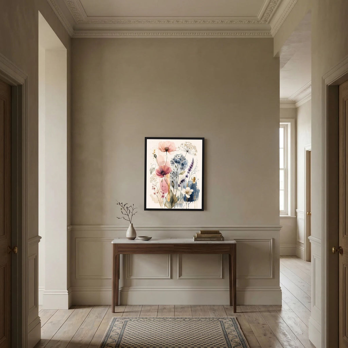 Hochformatiges Kunstposter mit Wildblumen in Pastellrosa und Hellblau, schwarzer Rahmen