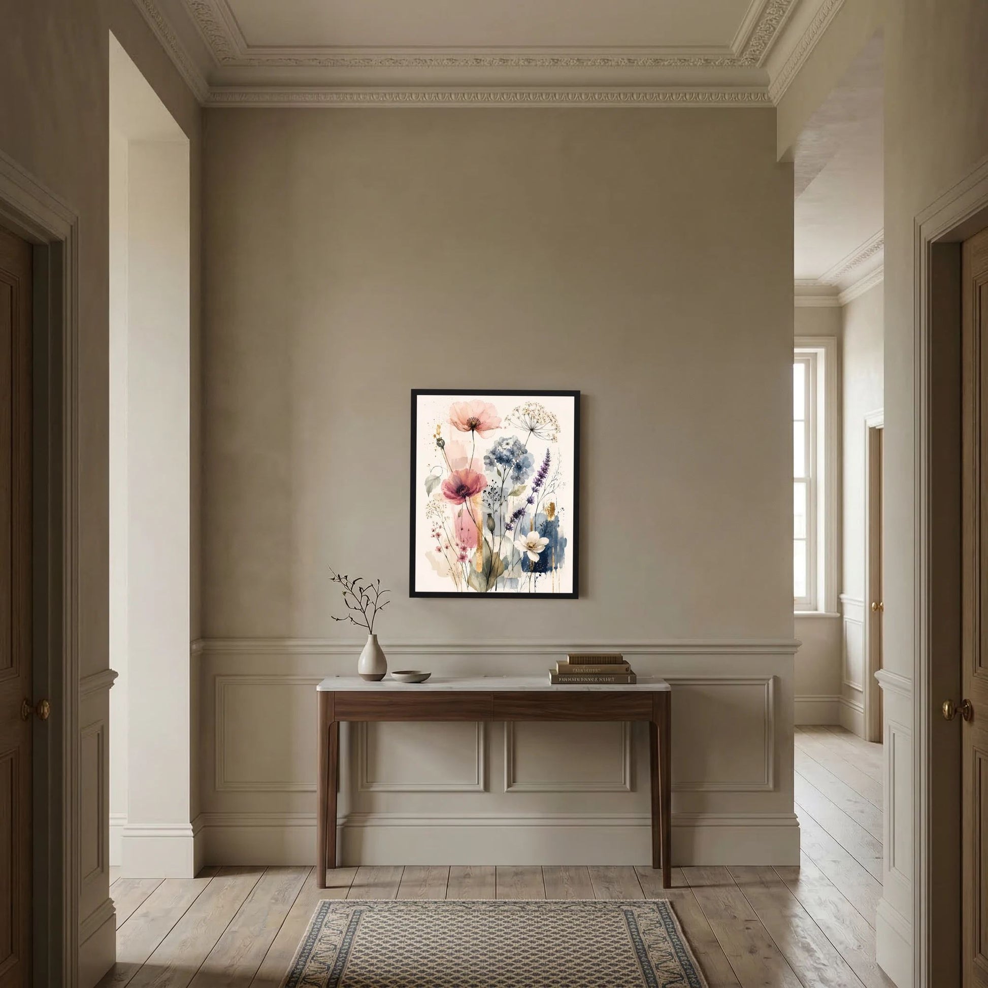 Hochformatiges Kunstposter mit Wildblumen in Pastellrosa und Hellblau, schwarzer Rahmen