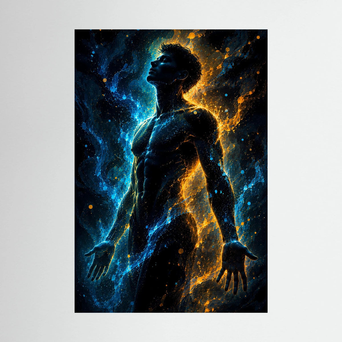 Poster mit männlicher Silhouette in Blau und Gold, detailreicher Energie-Glanz