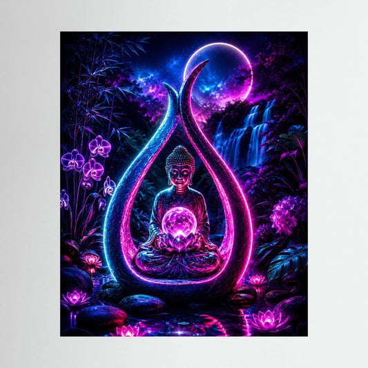Neon-Buddha-Poster mit Lotus und Mond, tropfenförmiges Leuchtornament, violett-blau