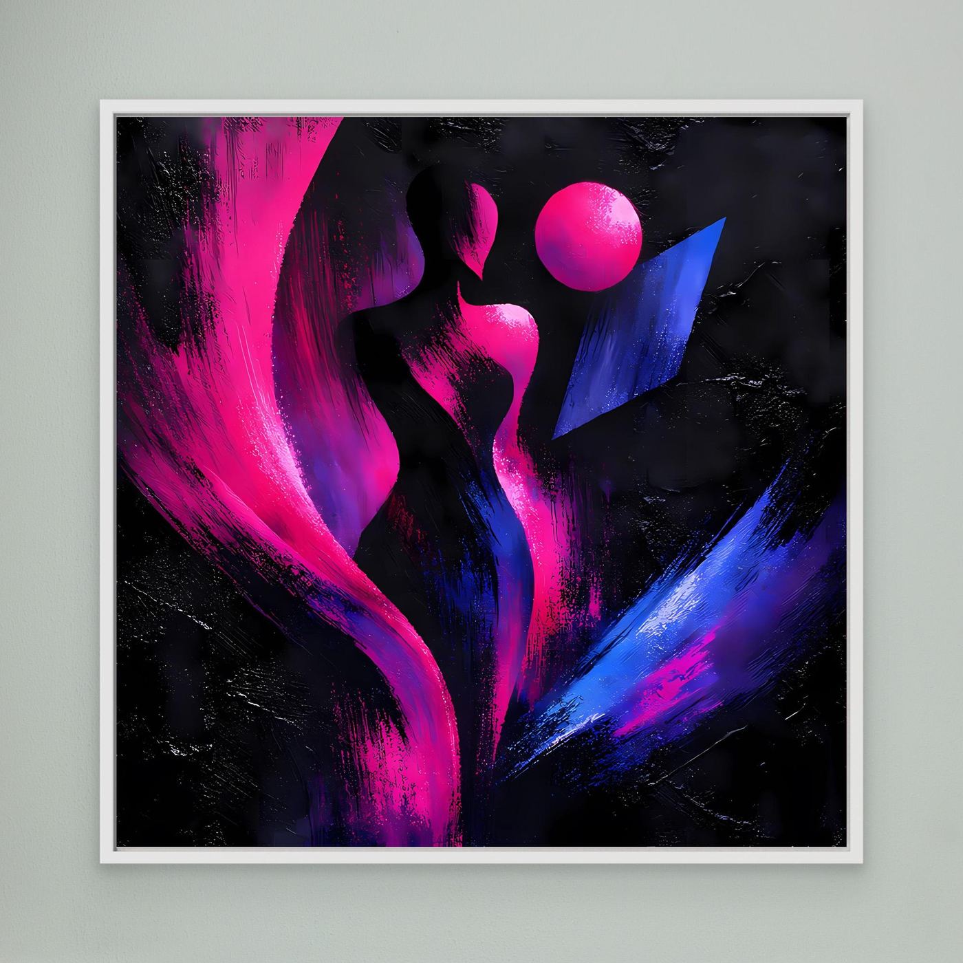 Leinwandbild mit abstrakter Silhouette, Neon-Pink und Blau, schwarze runde Elemente, weiß gerahmt