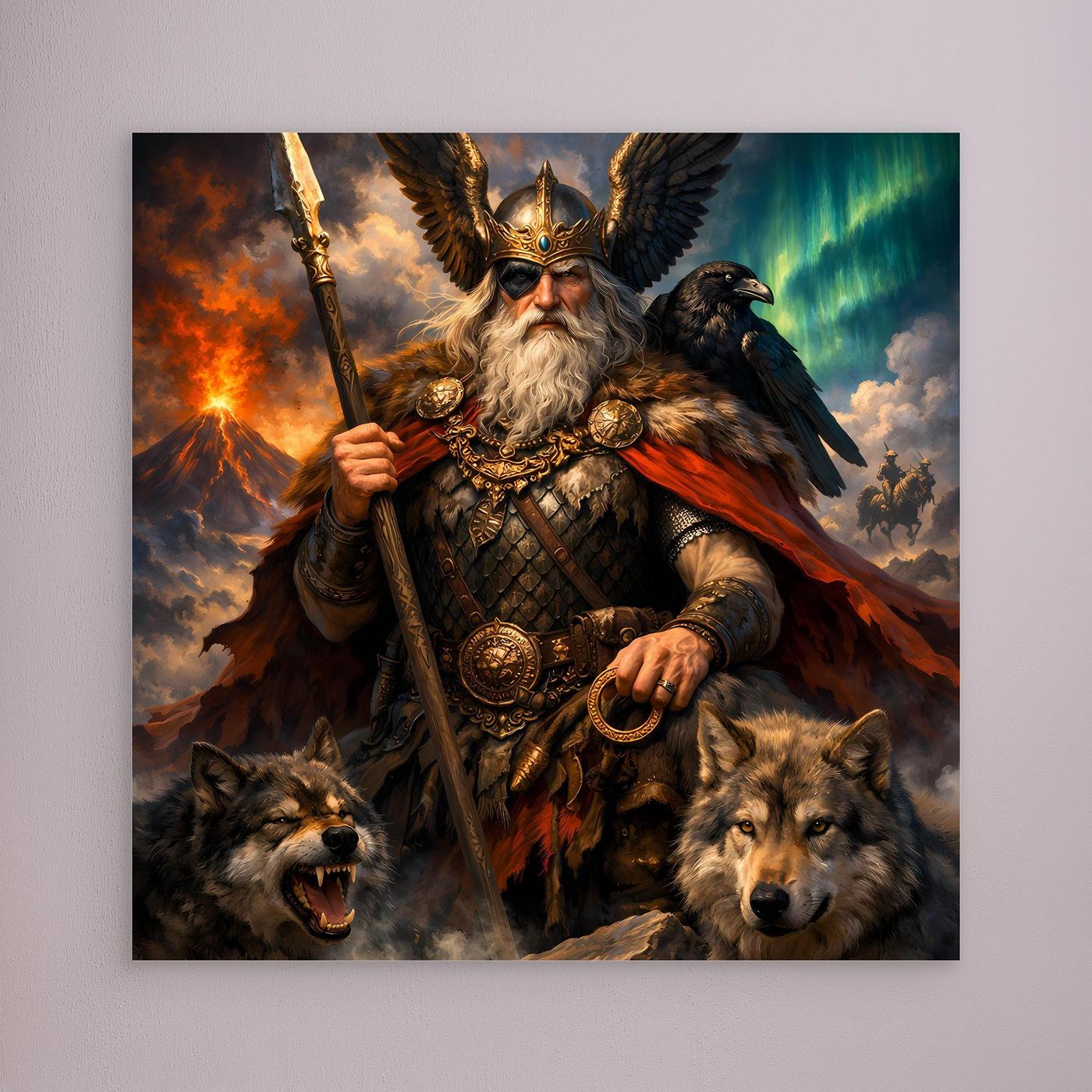 Leinwand Göttervater Odin mit Wölfen und Rabe | Mythologisches Wikinger Wandbild