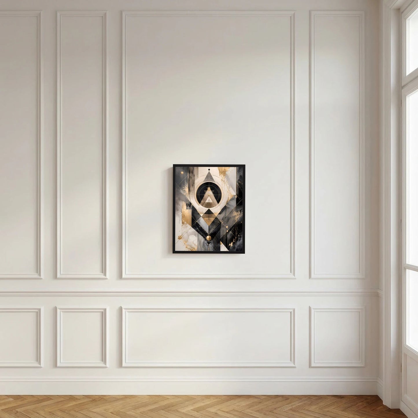Gerahmtes Kunstposter im Hochformat mit abstraktem geometrischem Design in Schwarz, Gold, Beige