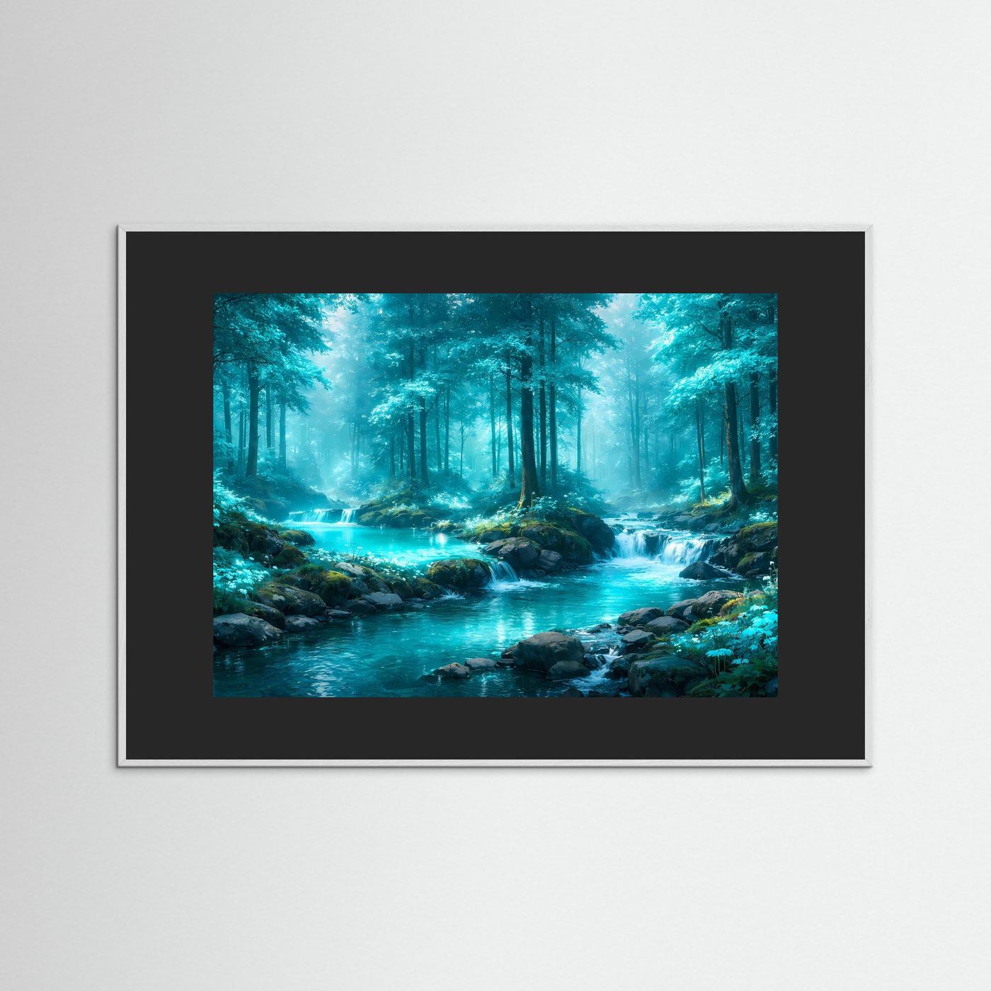 Wandbild mit schwarzem Holzrahmen, türkis-blauer Fluss durch grünen Wald