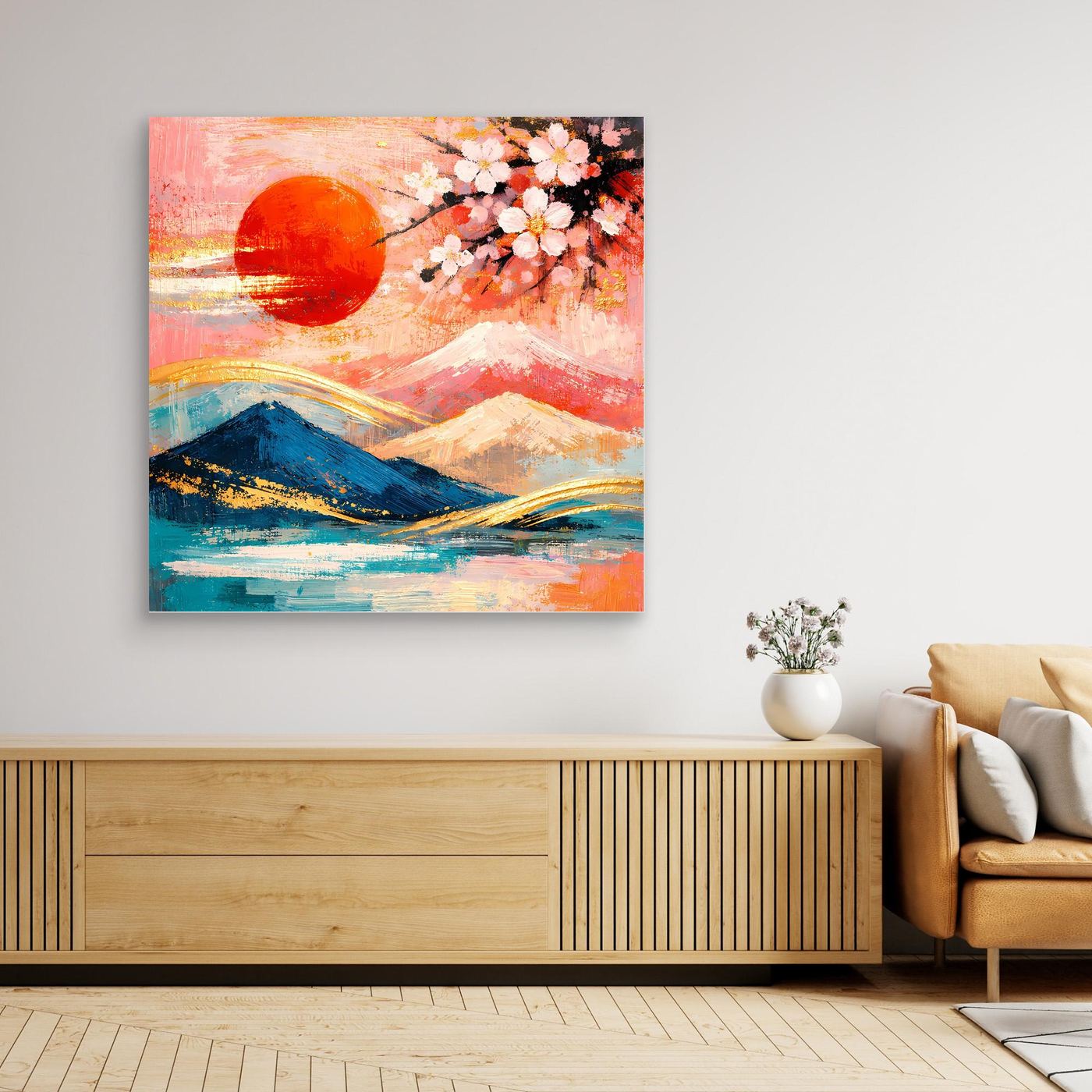 Leinwandbild mit Kirschblüten, rotem Sonnenkreis und Berglandschaft in Pastellfarben, ohne Rahmen