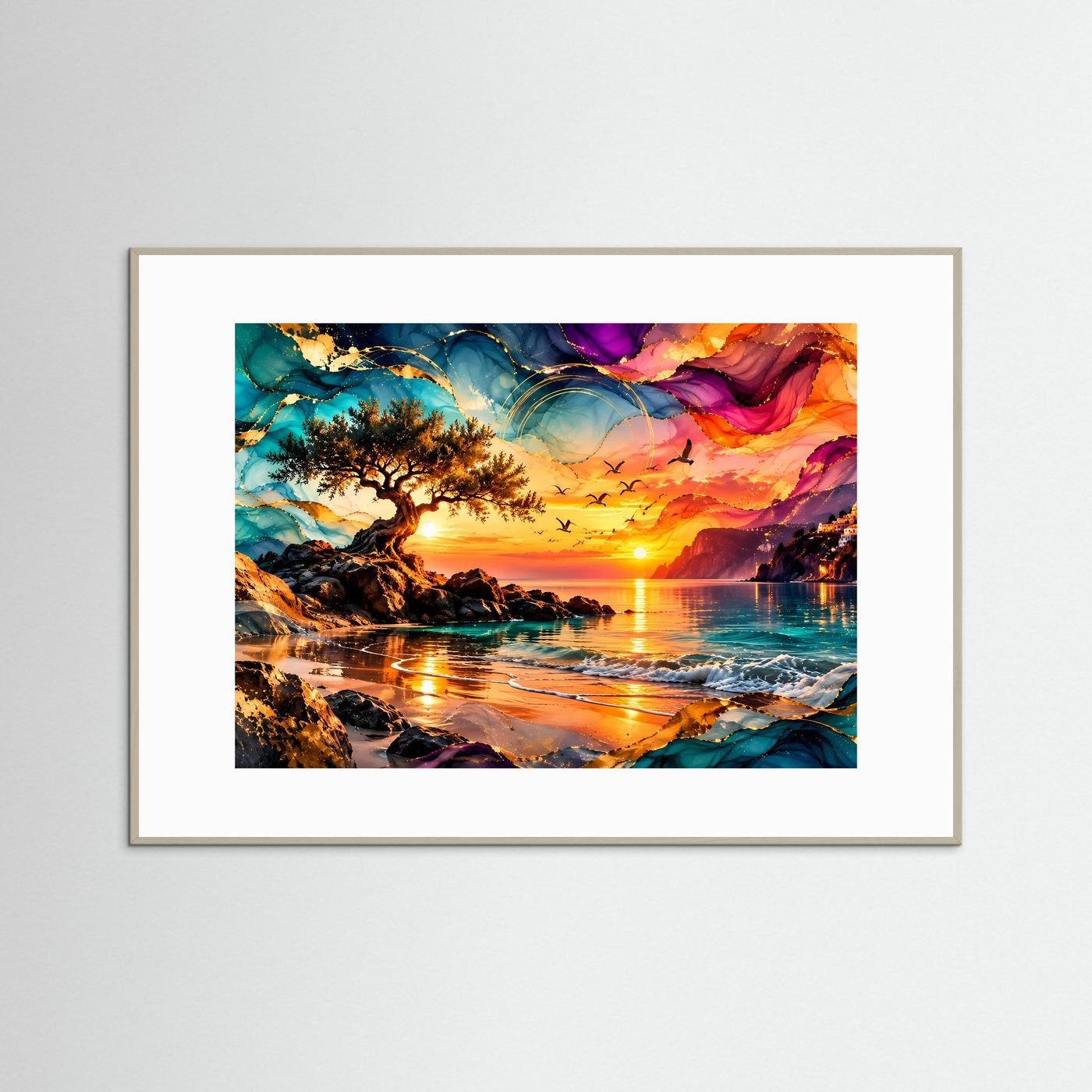 Mediterrane Küste Poster | Abstrakter Sonnenuntergang am Meer | Traumstrand Wandbild | Farbenfrohe Küstenlandschaft Leinwand | Luxuriöse Wall Art
