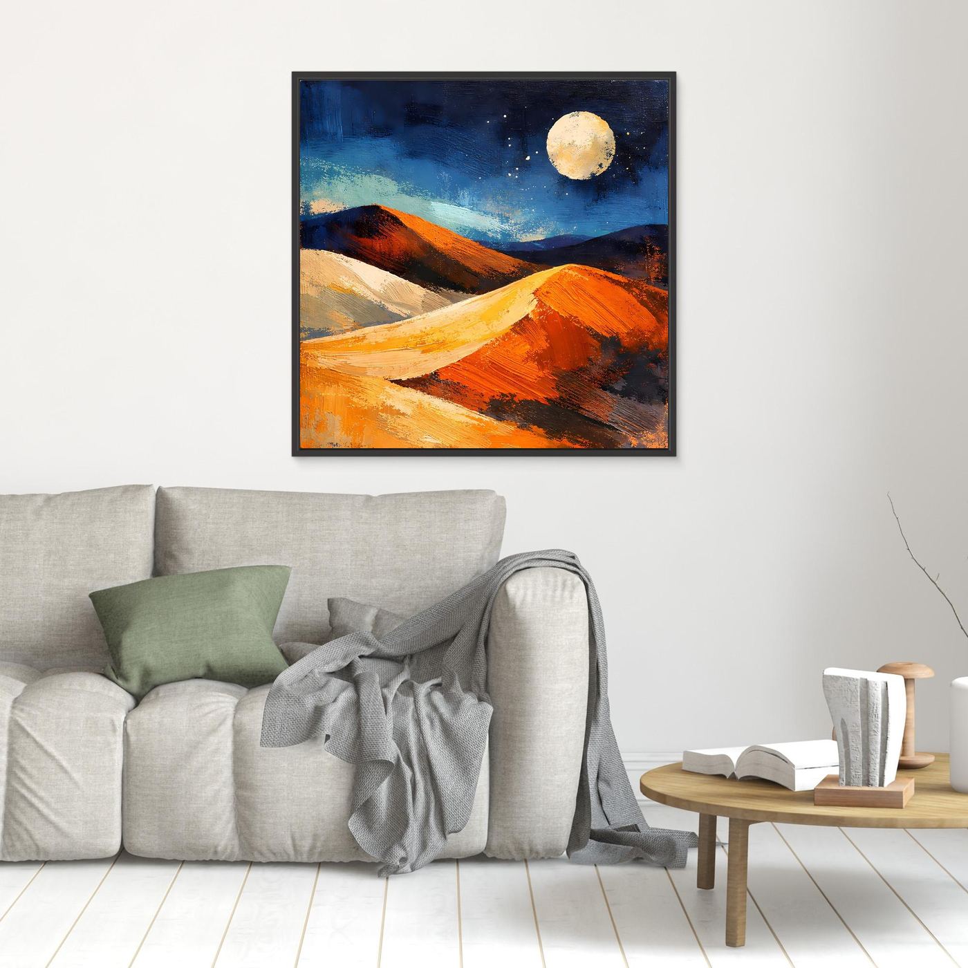 Square canvas wall art with orange desert dunes, blue sky, and a glowing full moon