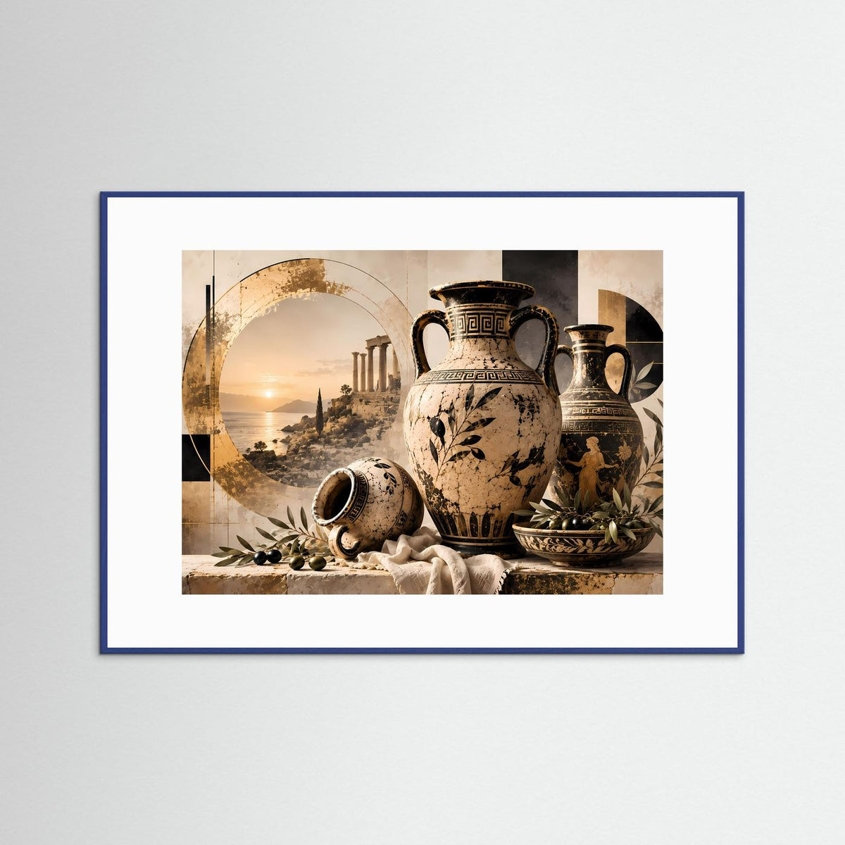 Gerahmtes Wandbild mit antiken Amphoren, Olivenzweigen und mediterraner Keramikszene