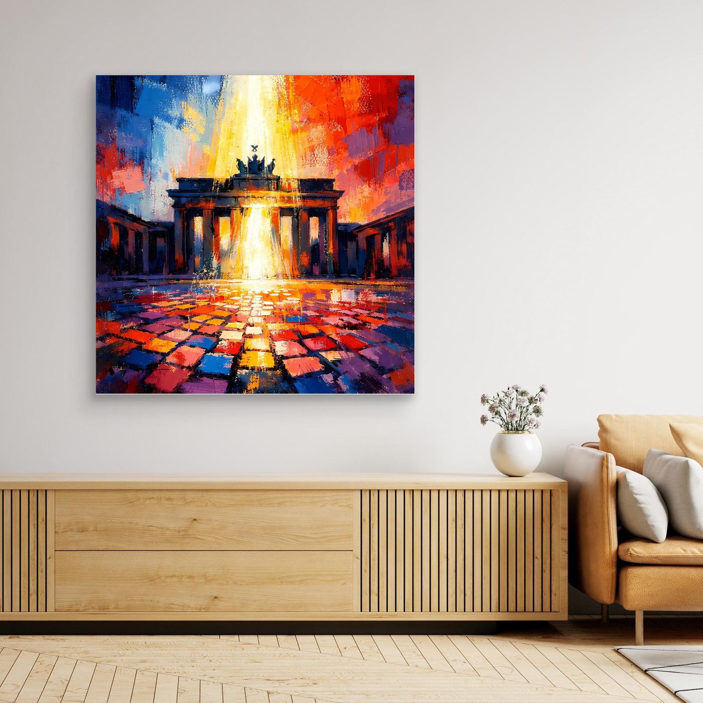 Abstraktes Wandbild mit Brandenburg-Tor-Motiv, leuchtende Mitte, mehrfarbige Flächen, dunkel gerahmt