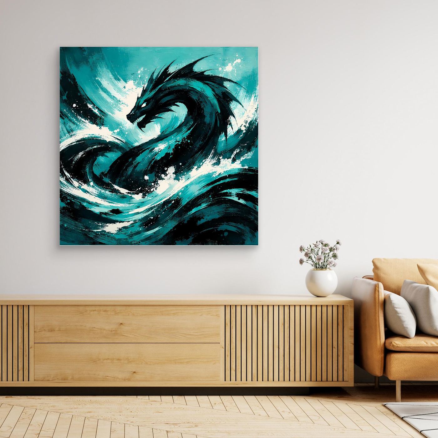 Quadratisches Leinwand-Wandbild ohne Rahmen mit türkis-schwarzem Seemonster in Wellen