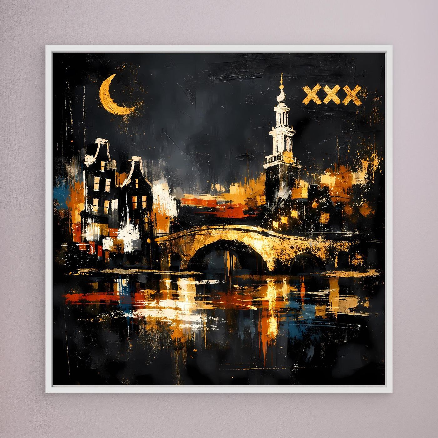Leinwand Romantische Grachten von Amsterdam bei Nacht | Modernes Holland Wandbild