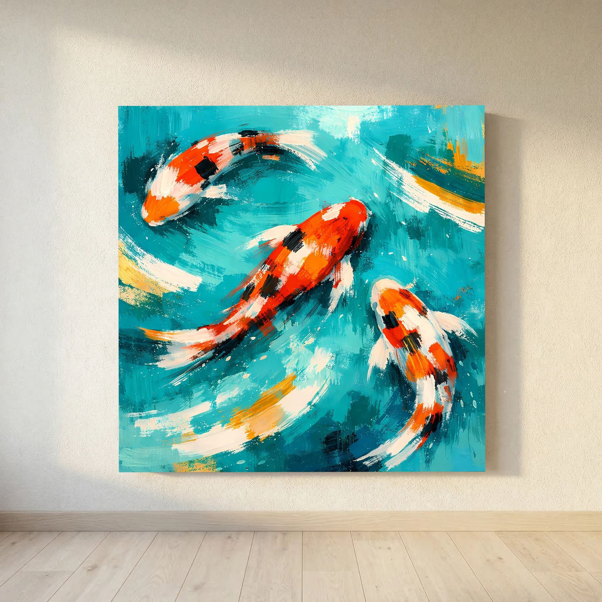 Keilrahmenbild mit zwei Koi-Fischen, orange-weiße Schattierungen, in türkisfarbener Wasserfläche