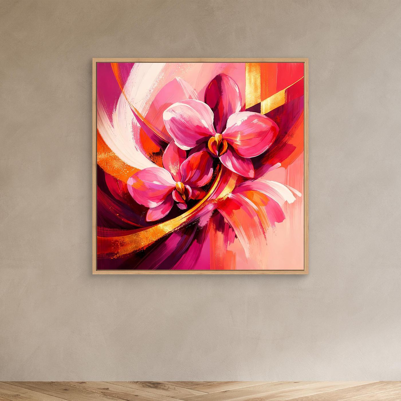 Abstraktes Leinwandbild mit Orchideenblüten; Holzrahmen, Pink und Rot, goldene Linien