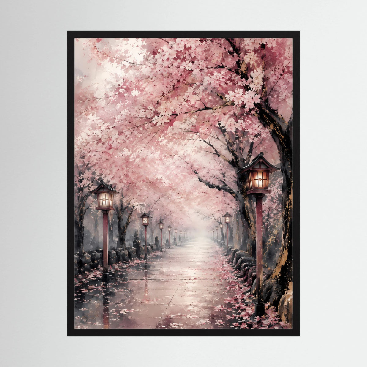 Hochformatiges Poster mit Rahmen: Allee aus rosafarbenen Kirschblüten und Laternen