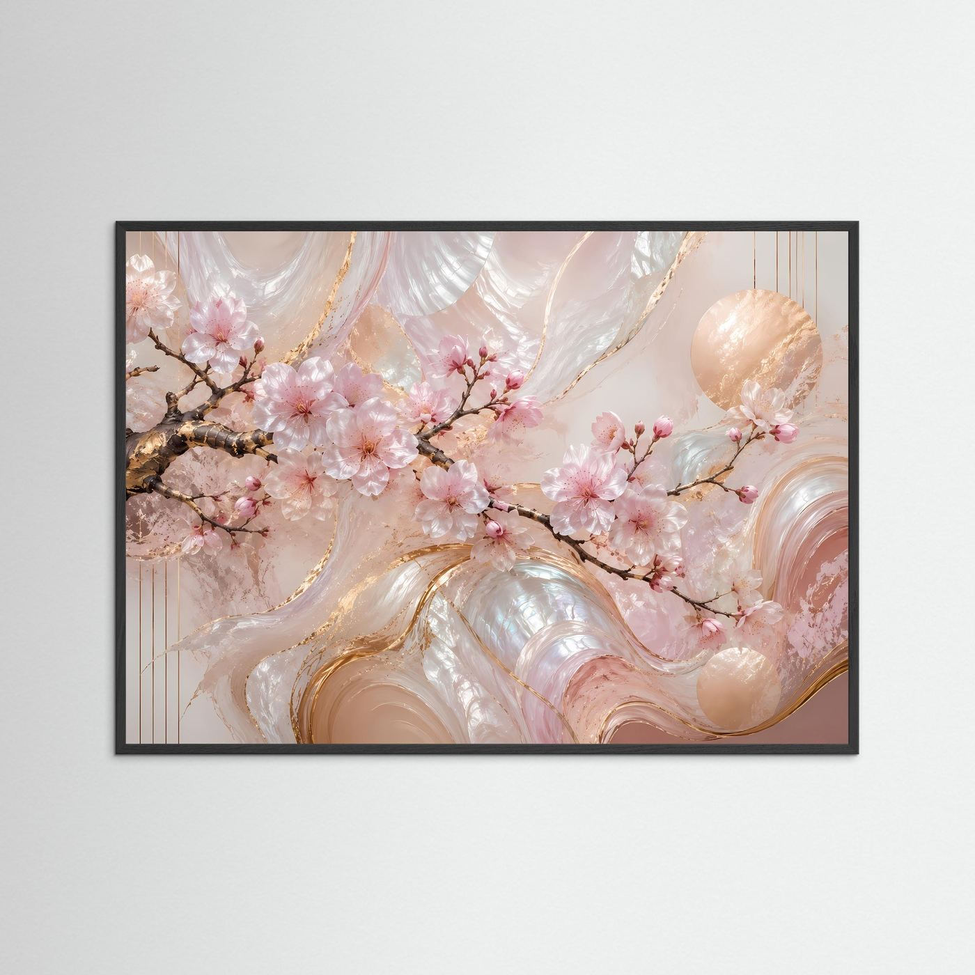 Abstraktes Sakura-Poster mit rosa Blüten, goldenen Wirbeln, schwarzer Rahmen, Querformat