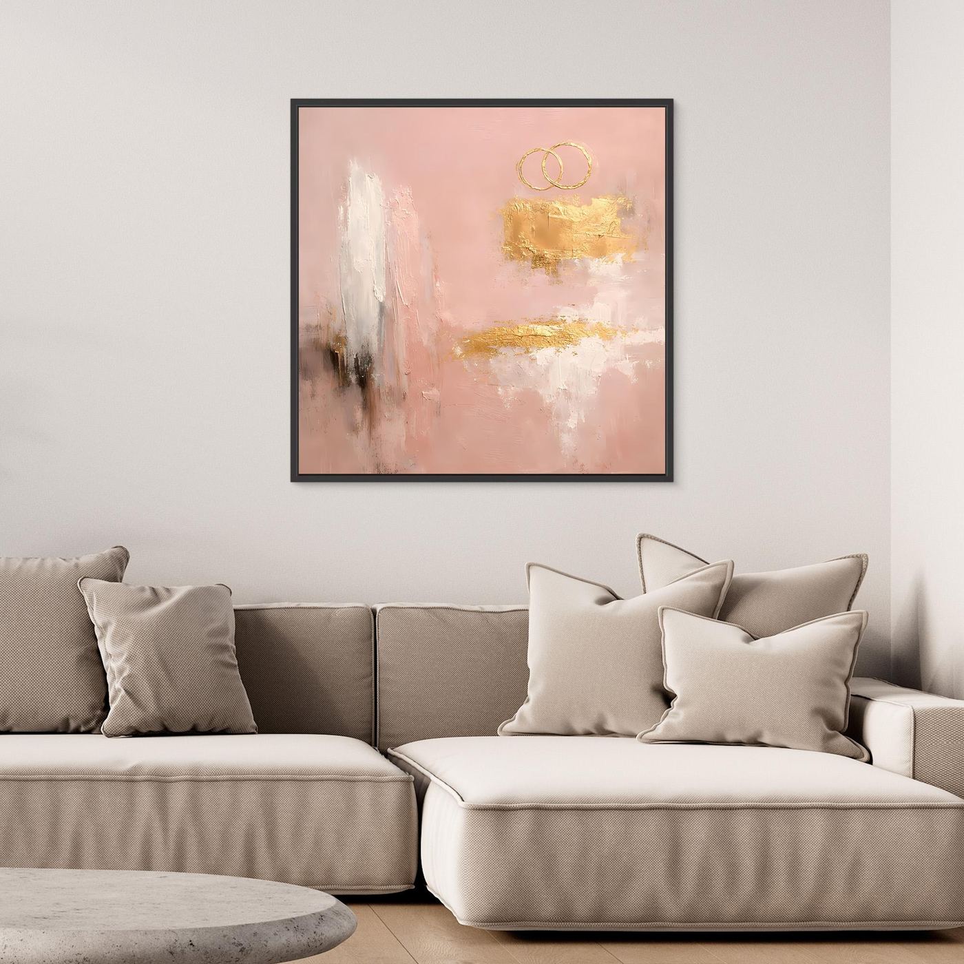 Leinwand Abstraktes Hochzeitsgemälde in Altrosa und Gold | Modernes Wandbild Eheringe