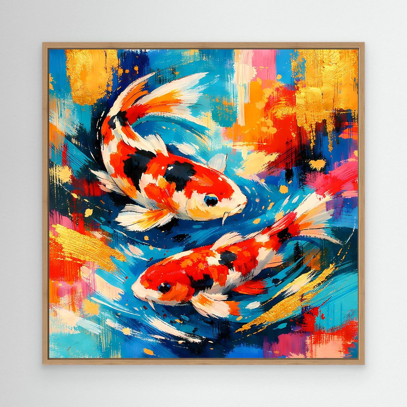Leinwandbild mit zwei Koi-Fischen in abstrakter Farbgestaltung, Blau und Rot, Eichenrahmen