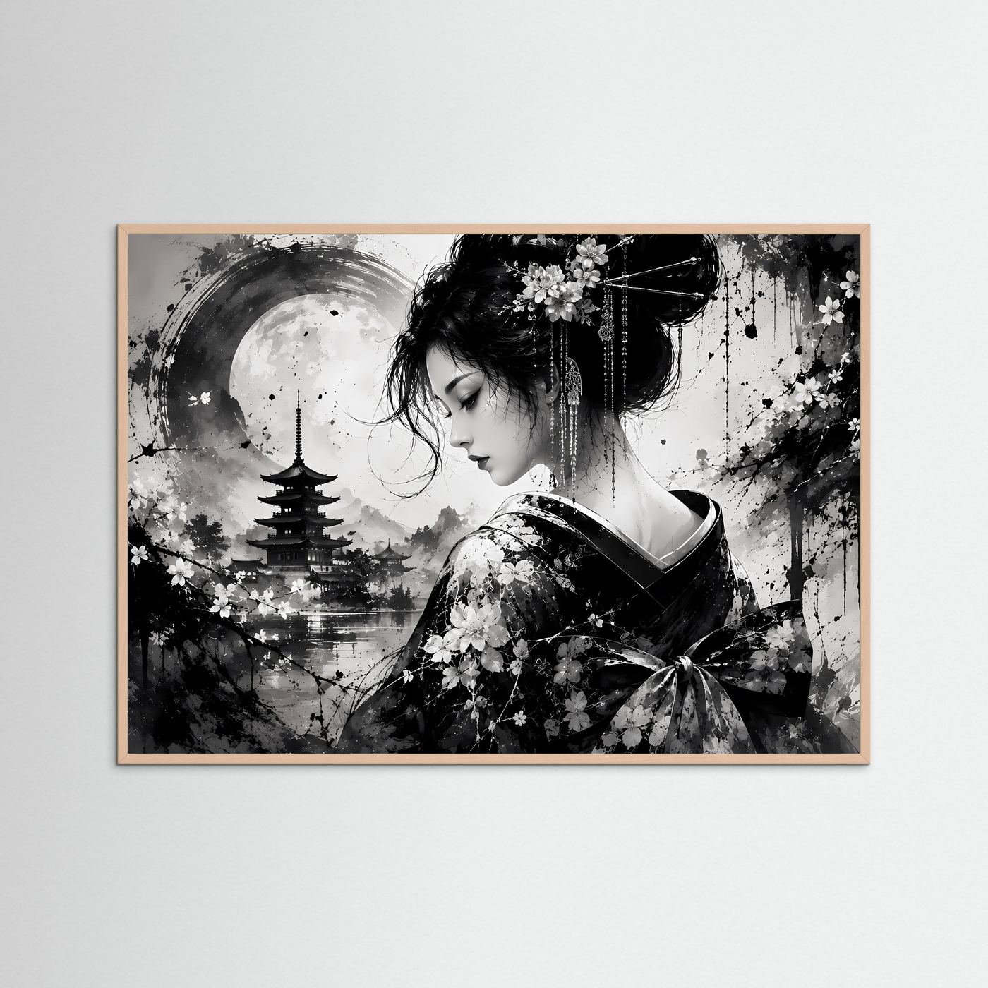 Geisha Poster Schwarz Weiß | Japanische Pagode & Vollmond | Sumi-e Wandbild | Asiatische Zen Kunst | Moderne Japan Wall Art