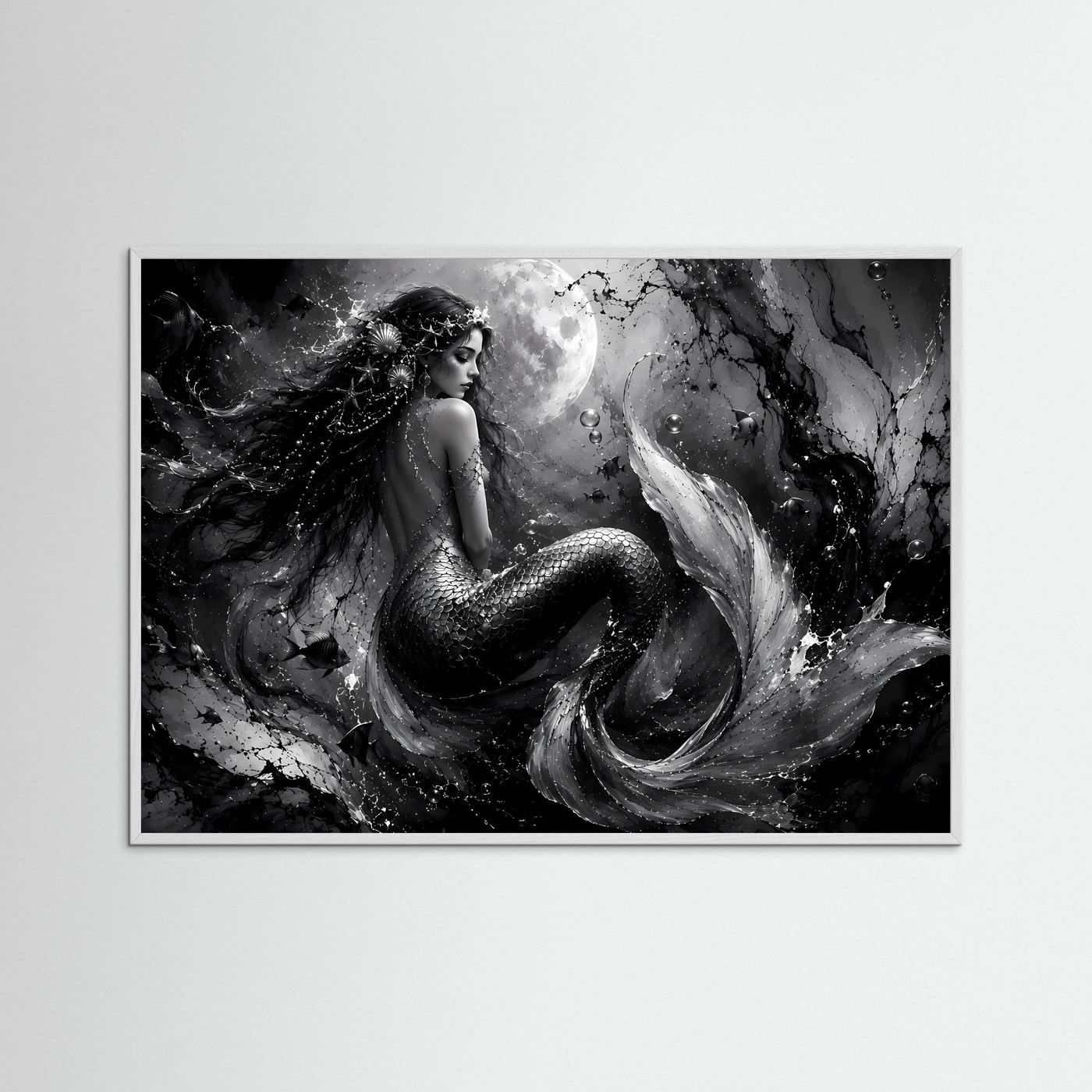 Mystische Meerjungfrau in Schwarz-Weiß | Elegantes Fantasy Poster Querformat