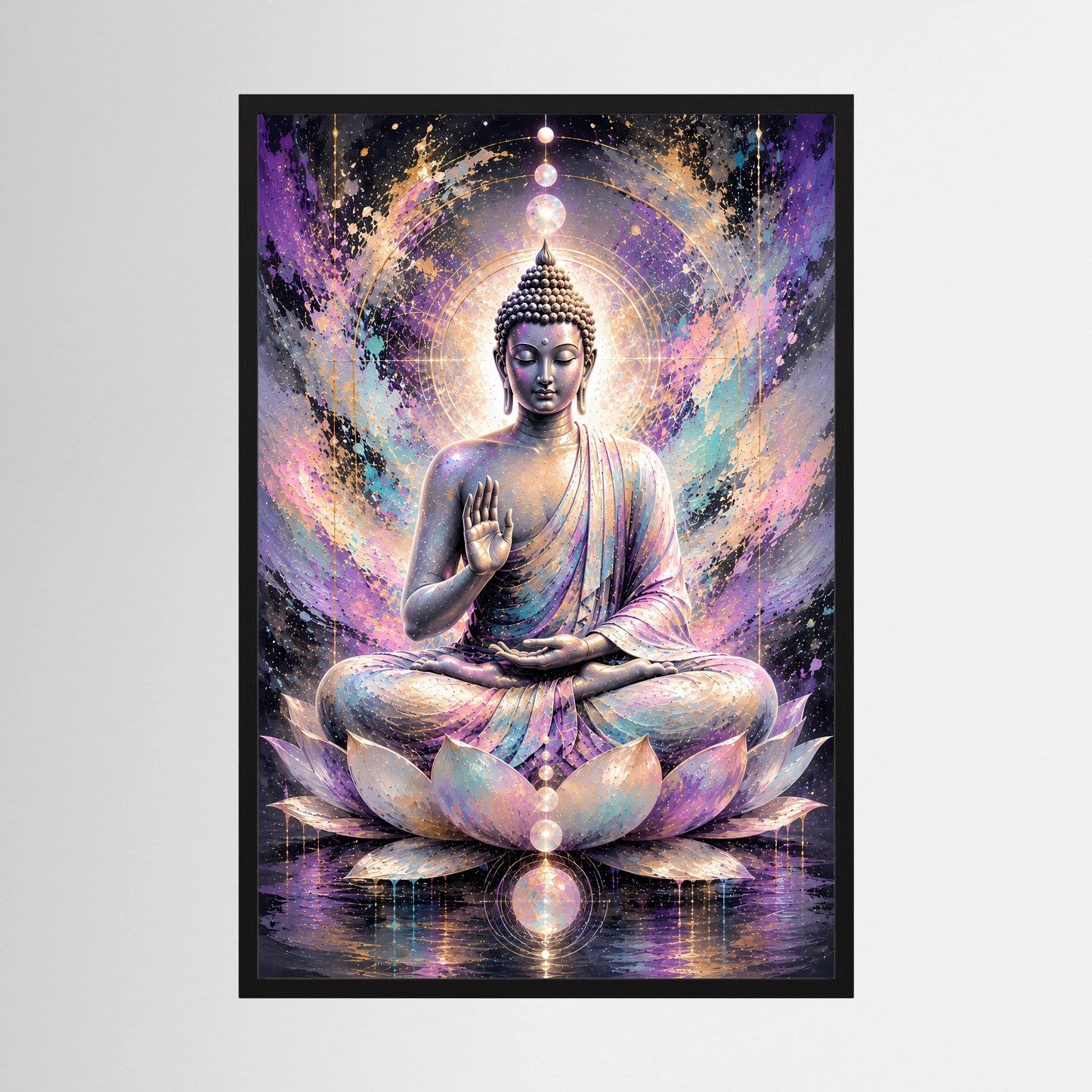 Hochformat-Poster mit sitzendem Buddha in Pastellfarben, Lotus und Lichtring, schwarzer Rahmen