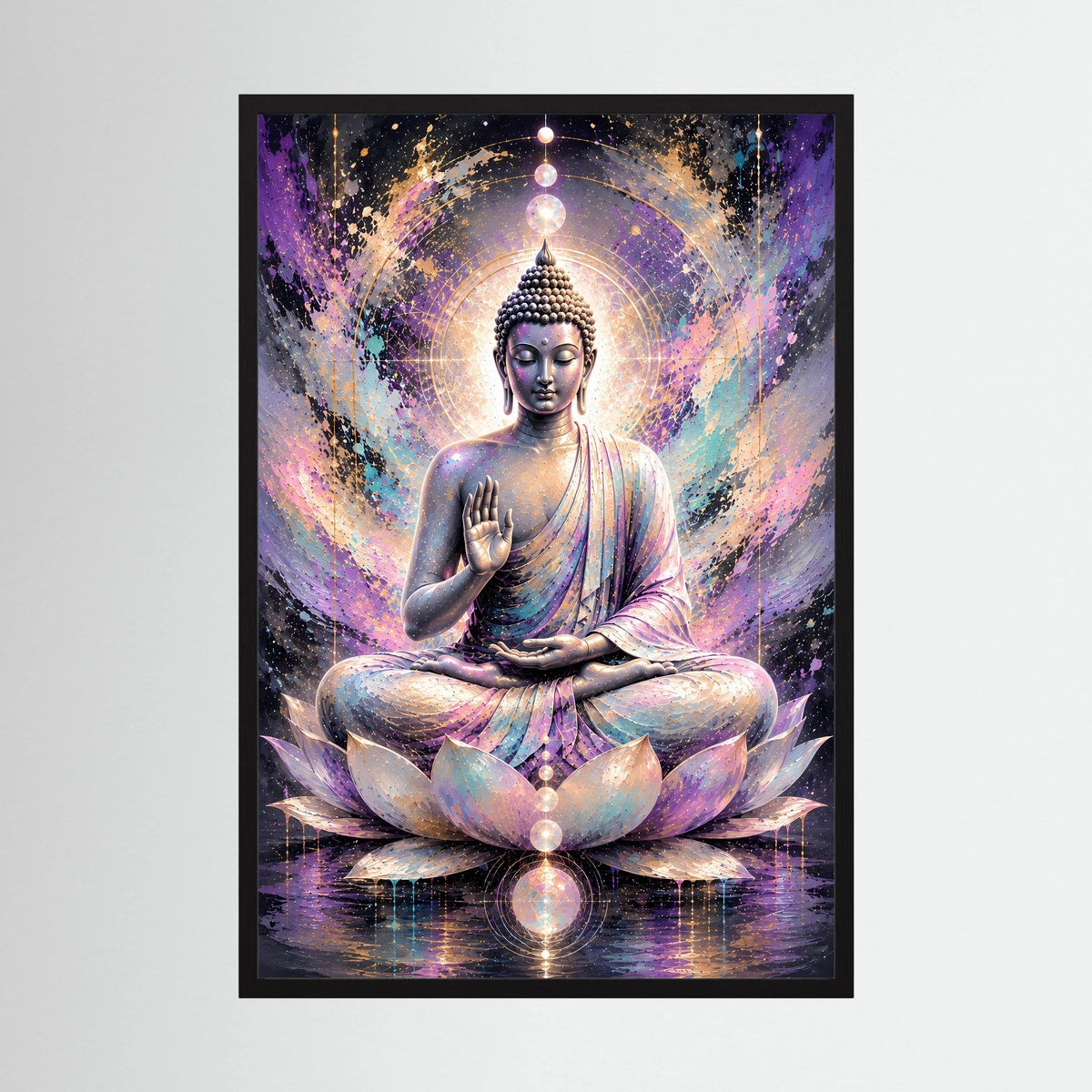 Hochformat-Poster mit sitzendem Buddha in Pastellfarben, Lotus und Lichtring, schwarzer Rahmen