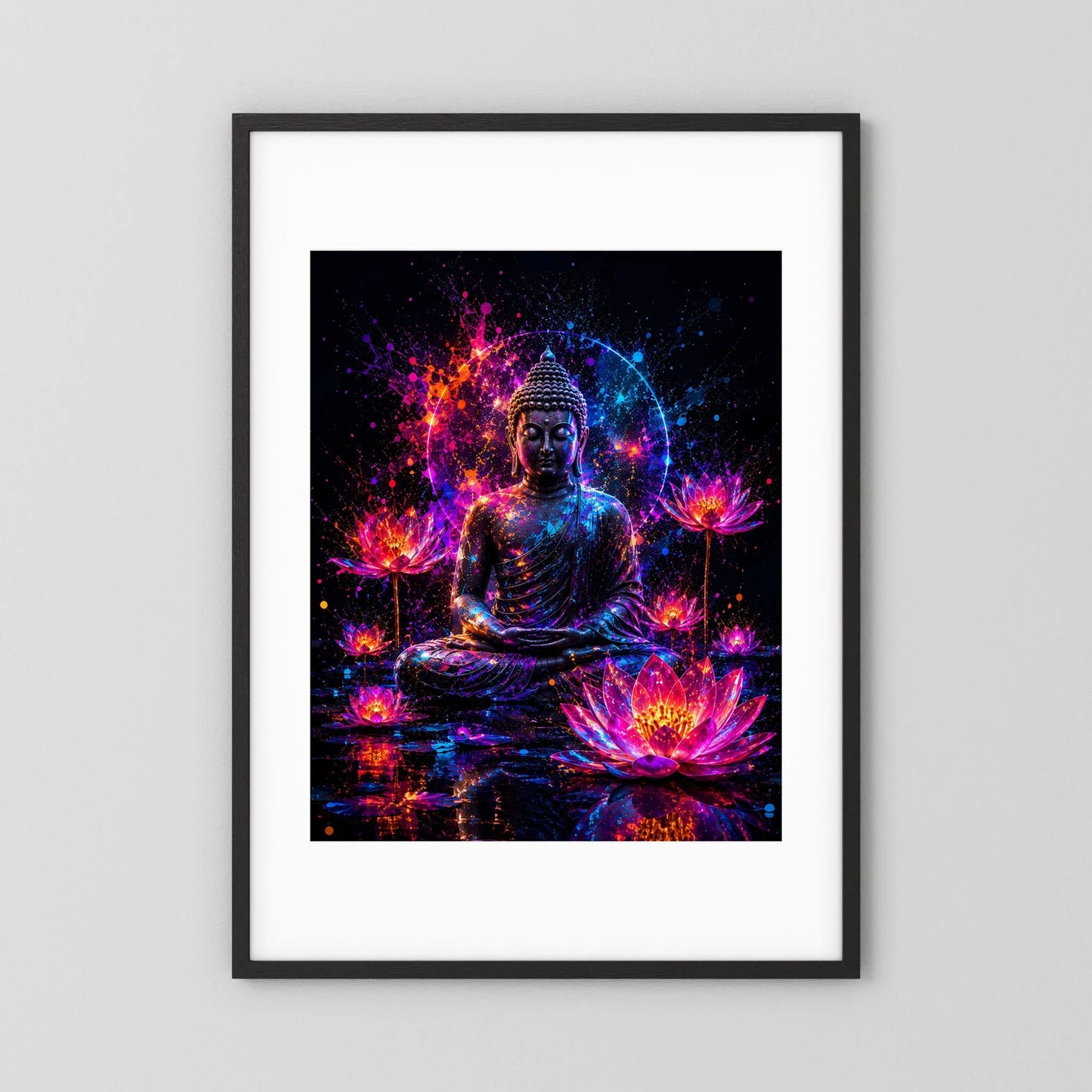 Neon-Buddha-Poster mit Lotusblüten, pink-blauer Leuchtoptik, schwarz mit weißem Rand