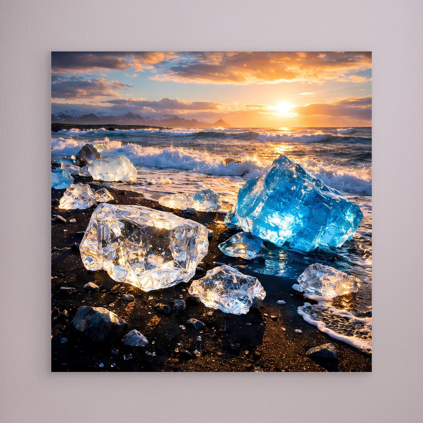 Leinwandbild mit Eisschollen am schwarzen Sandstrand und untergehender Sonne