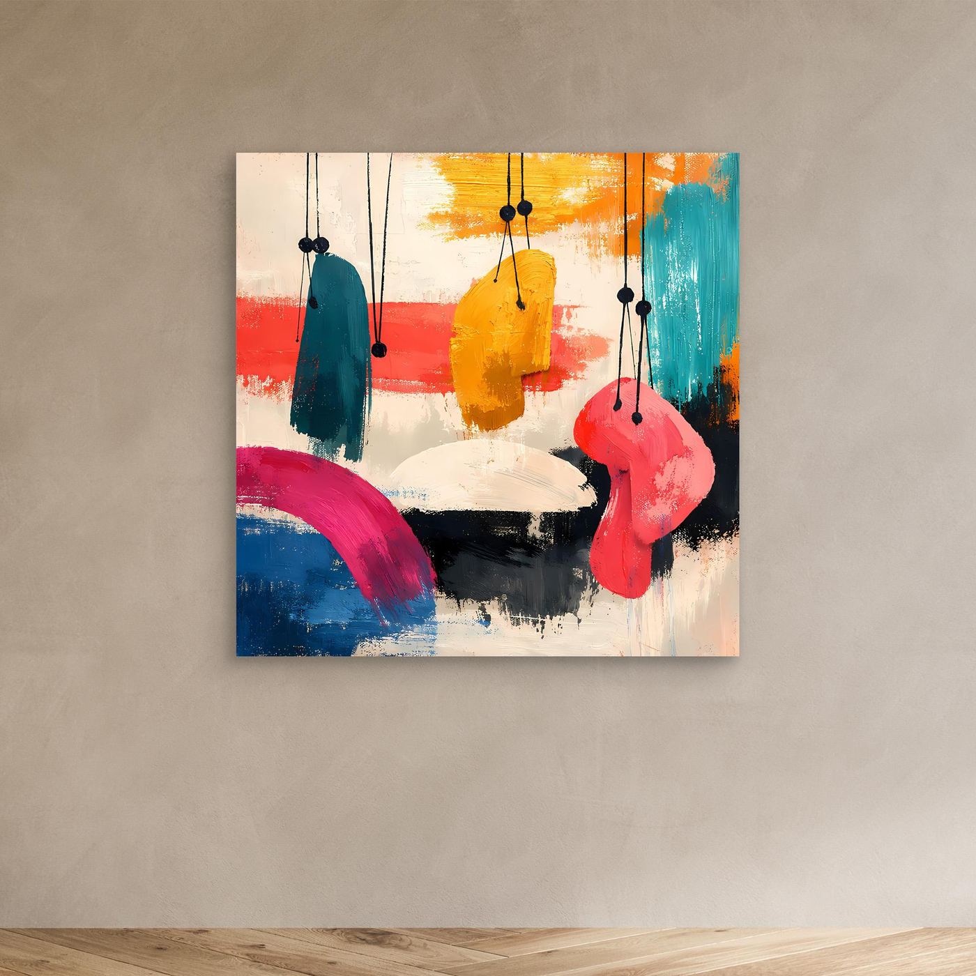 Abstract canvas wall art with hanging organic shapes in teal, yellow, pink and blue