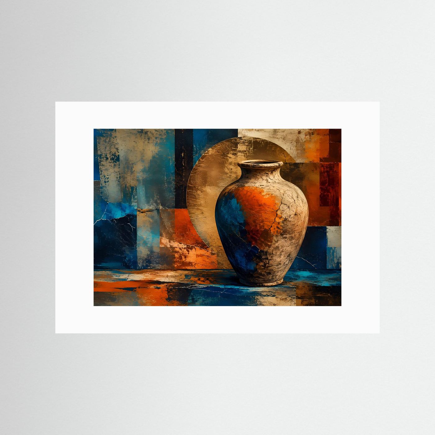 Abstrakte Keramik Vase Poster | Moderne Stillleben Wandkunst | Geometrische Fine Art | Boho Minimalismus | Terrakotta Blau Gold | Premium Wandbild