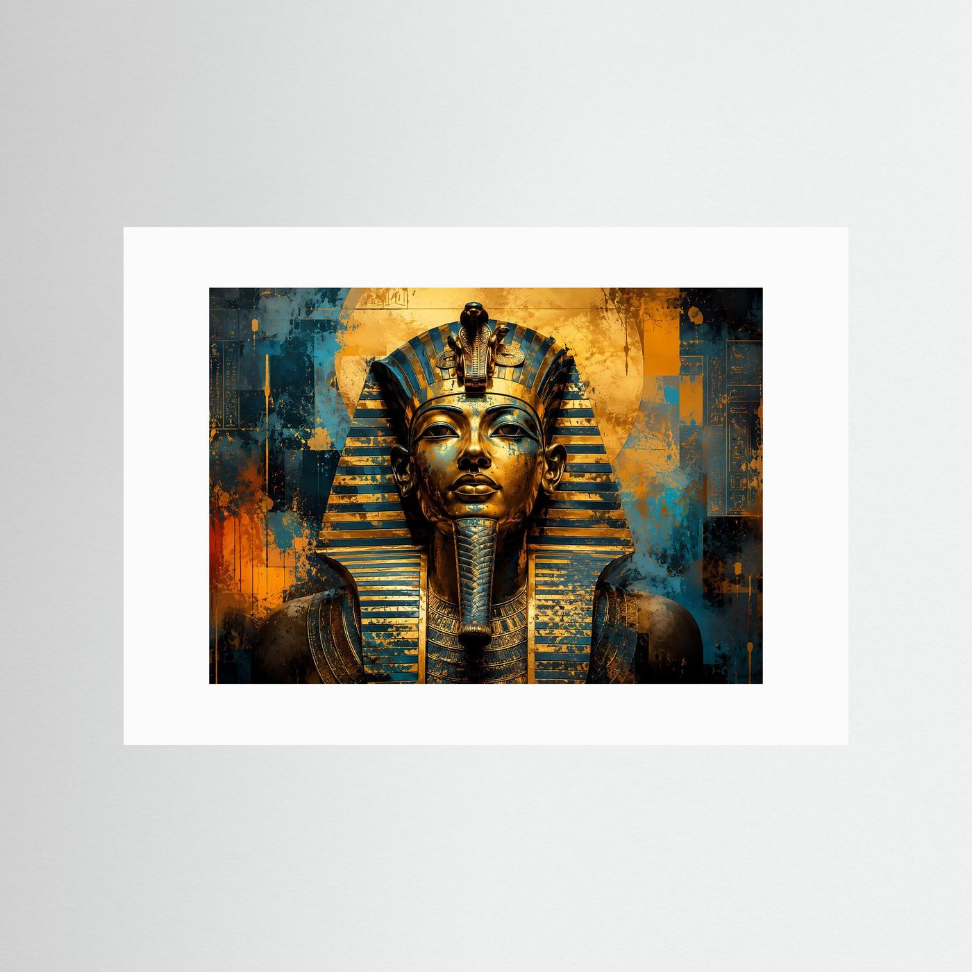 Wandposter/Print mit Pharao-Porträt: goldene und blaue Kopfbedeckung, weißer Rand