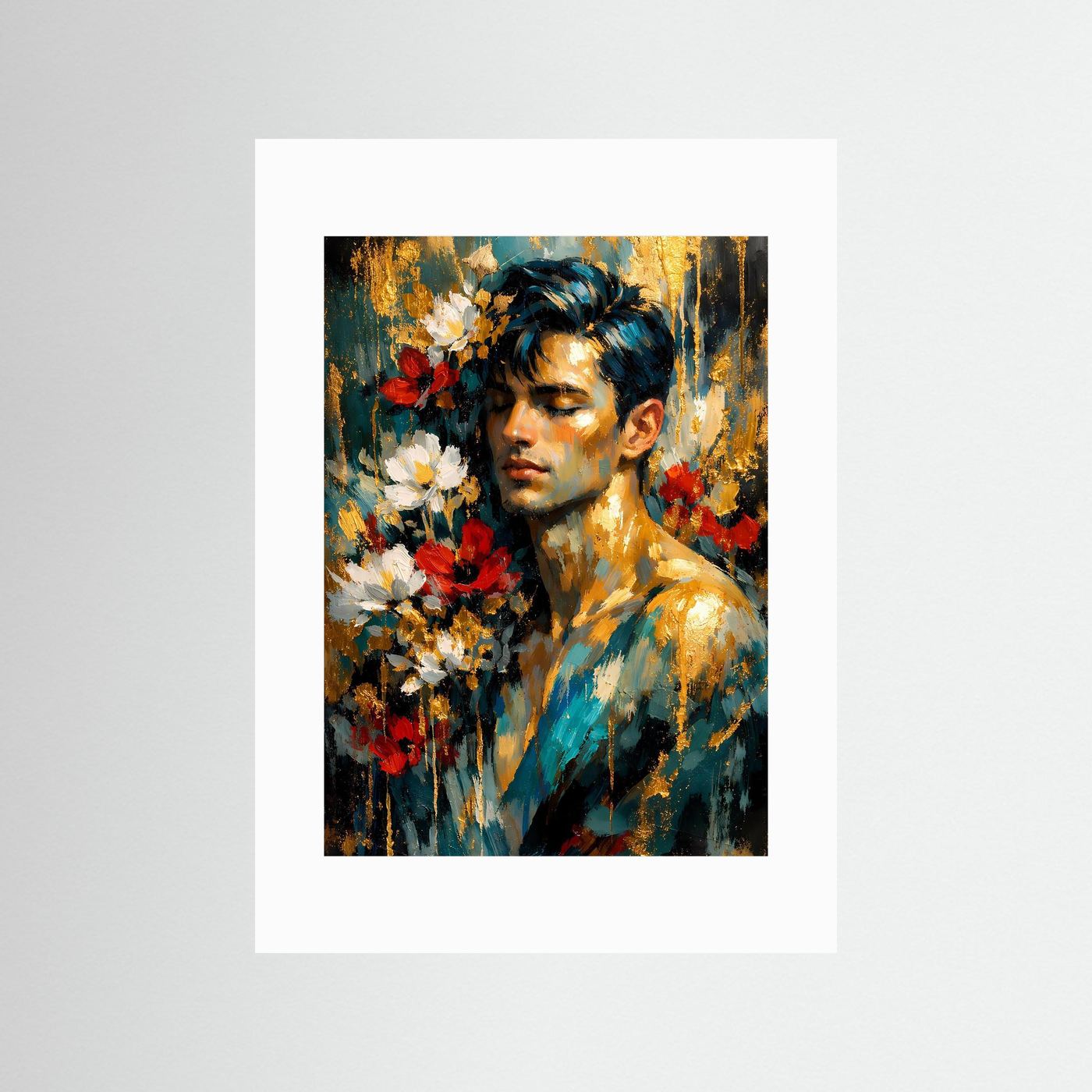Abstraktes Männerporträt-Poster mit Blumen, blaugrünem Hintergrund, mit weißem Passepartout