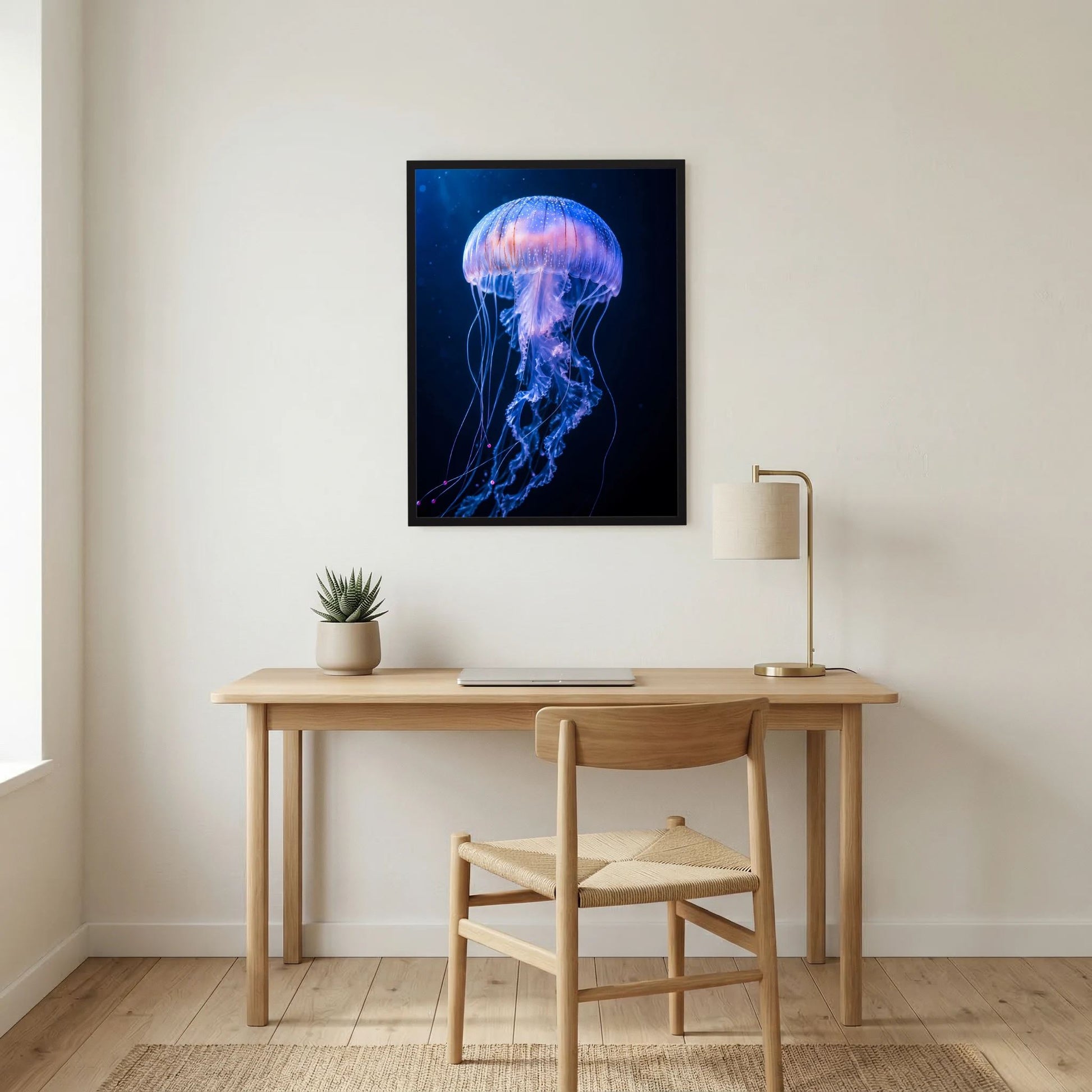 Wandposter mit leuchtender Qualle in Blau-Violett, im schwarzen Rahmen