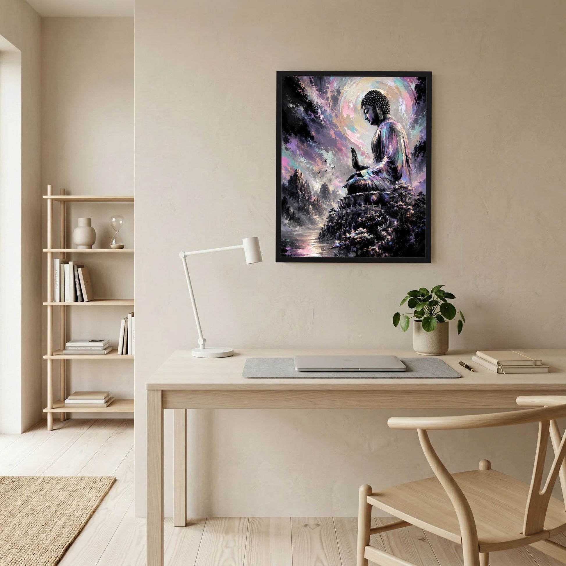 Gerahmtes Kunstposter Hochformat: Buddha auf einer Berganlage mit Pastell-Halo