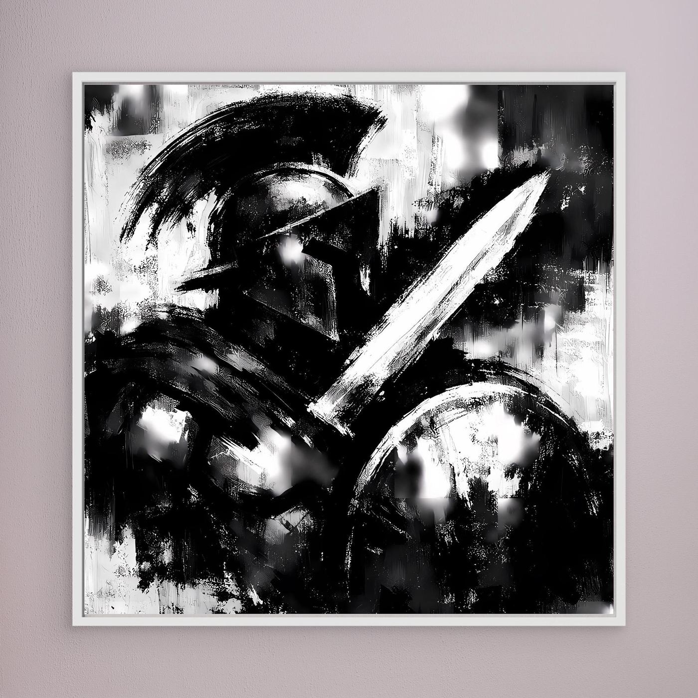 Abstraktes Wandbild Schwarzweiß mit diagonaler Pinselspur, weißer Rahmen