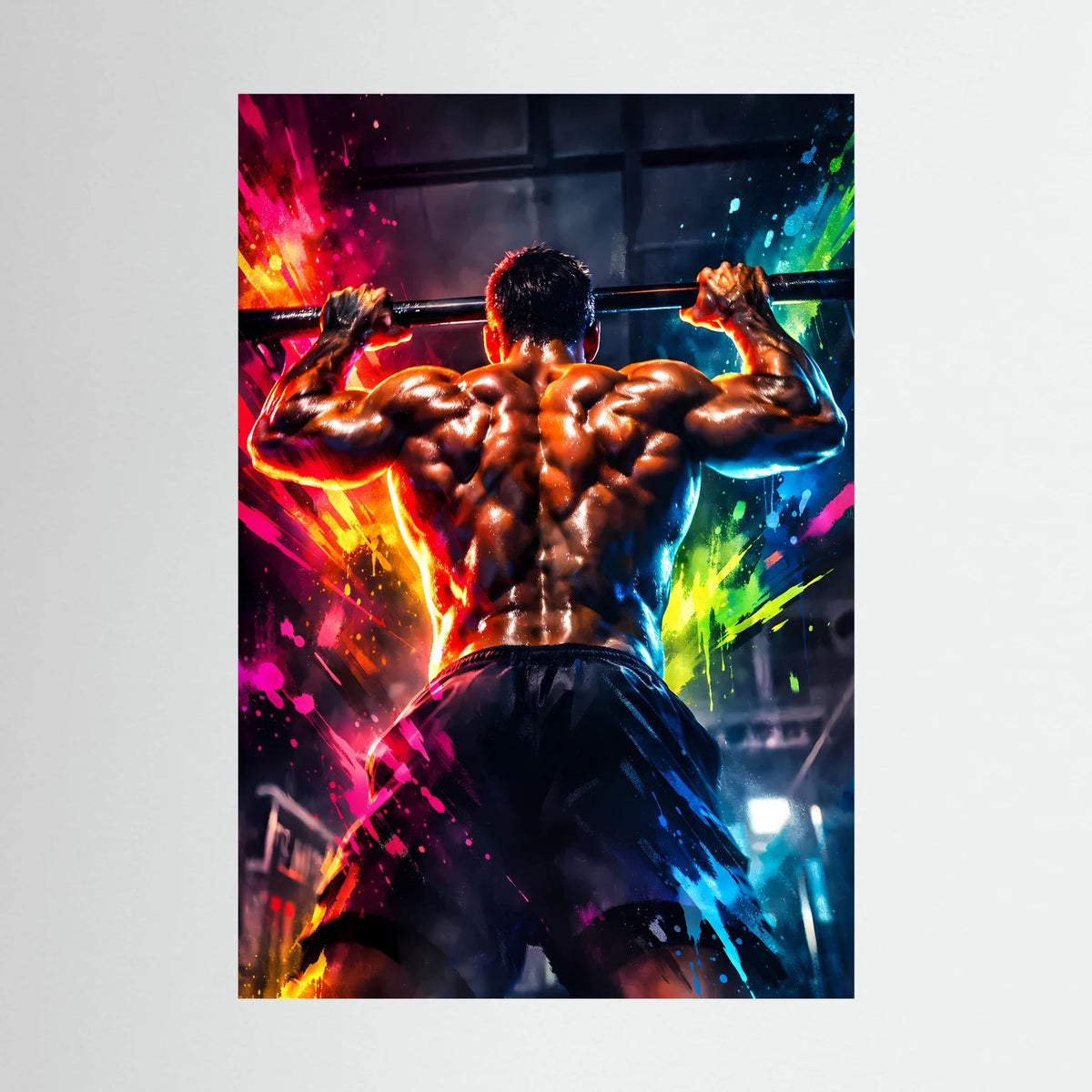 Fitness-Wandbild mit Bodybuilder beim Klimmzug, farbenfroher Neon-Sprayeffekt, hochformat