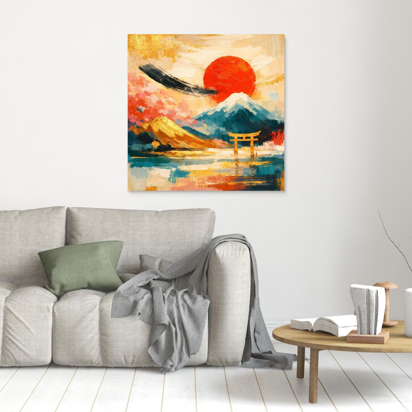 Kleines Leinwandbild: Torii-Tor vor Fuji, roter Sonnenkreis, hellbrauner Rahmen
