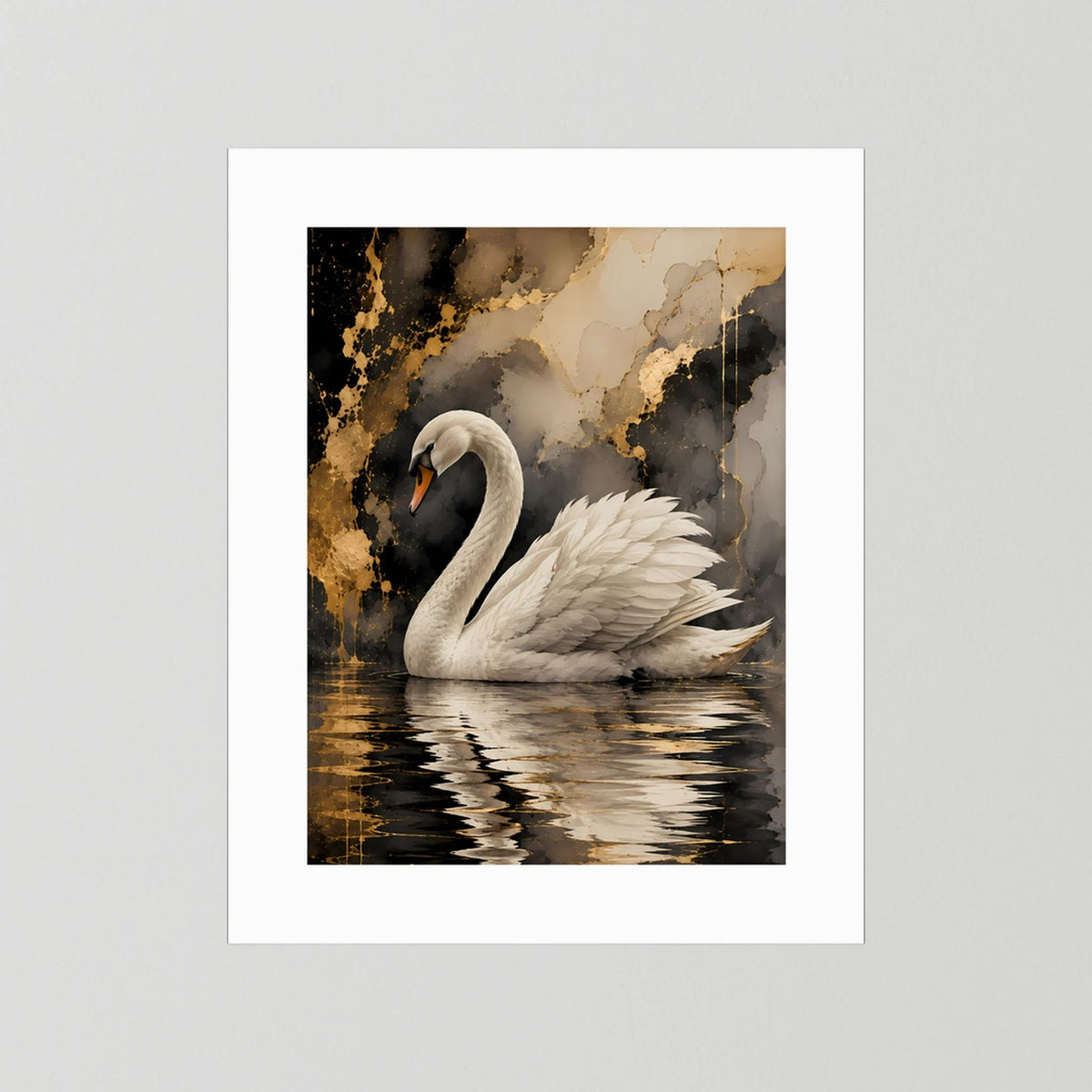 Poster ohne Rahmen mit weißem Schwan im Wasser, Gold-Schwarz-Abstraktion