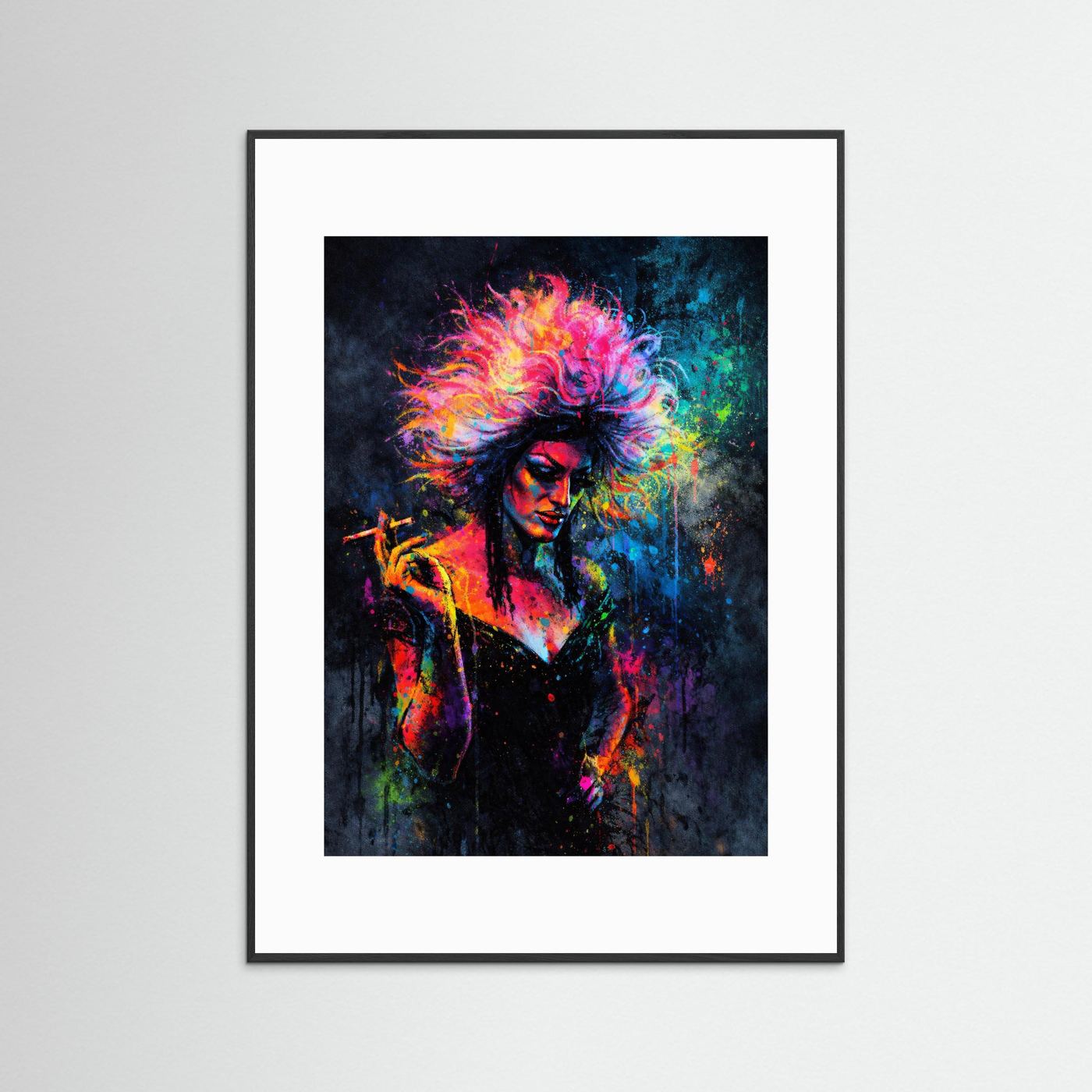 Gerahmtes Poster mit schwarzem Rahmen und weißem Rand, Drag-Queen-Porträt mit Zigarette