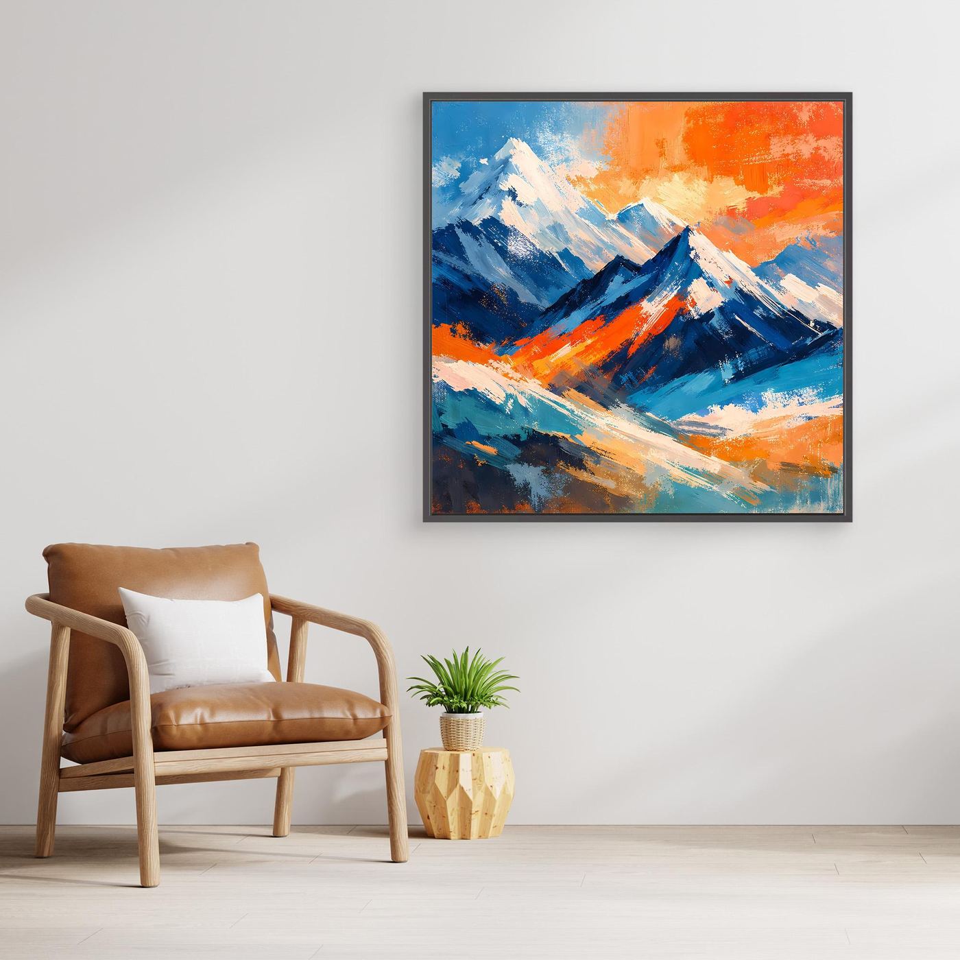 Abstraktes Leinwand-Berggemälde mit schwarzem Rahmen in Blau und Orange