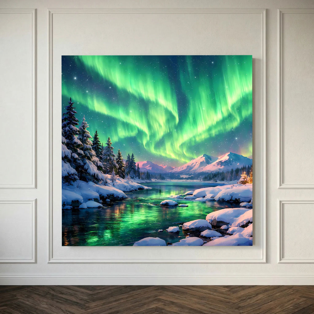 Leinwandbild mit Polarlichtern am Nachthimmel über Winterberglandschaft mit Tannen und Fluss auf Holzkeilrahmen