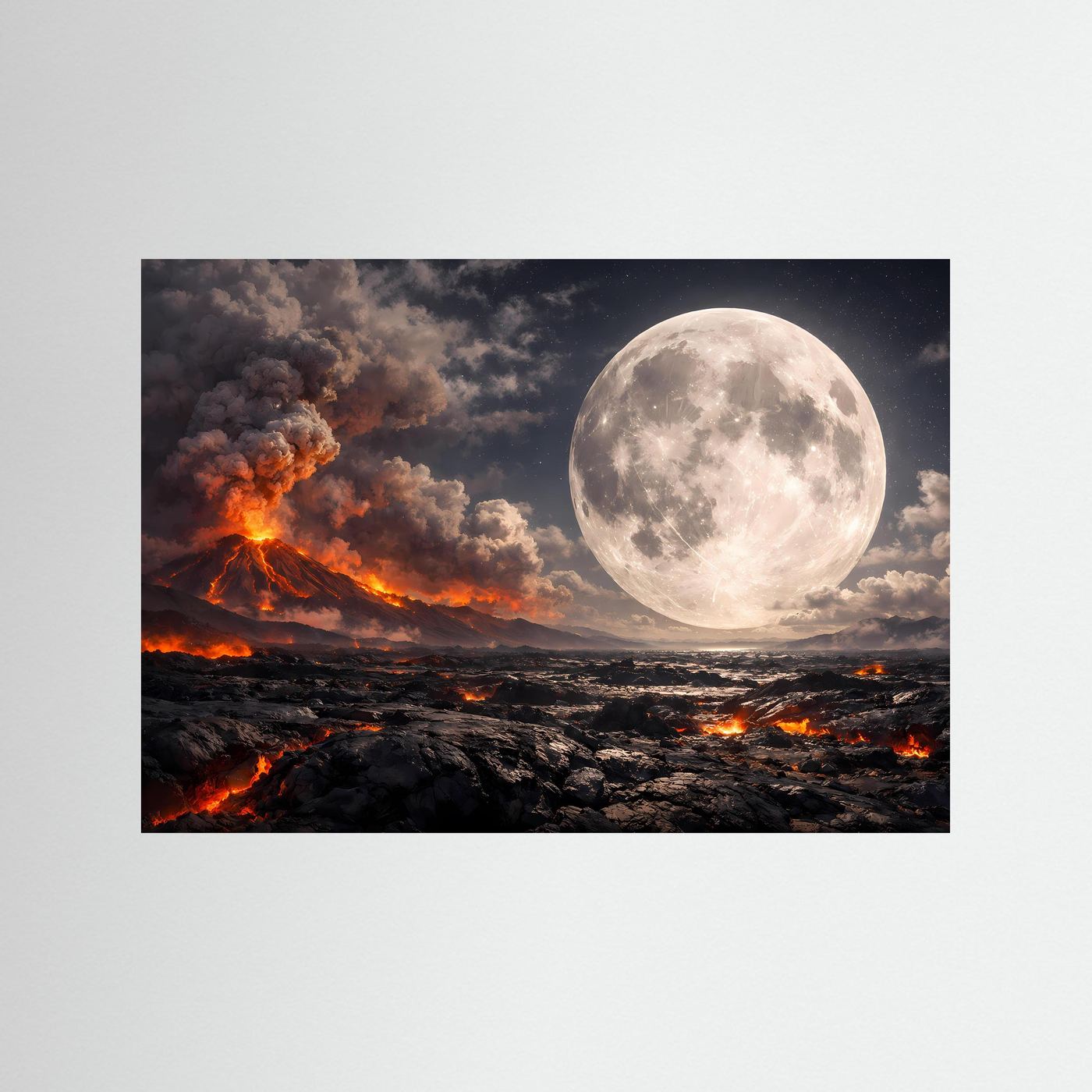 Fantasy-Poster: Vulkan-Ausbruch bei Nacht mit riesigem Vollmond, schwarzer Rahmen
